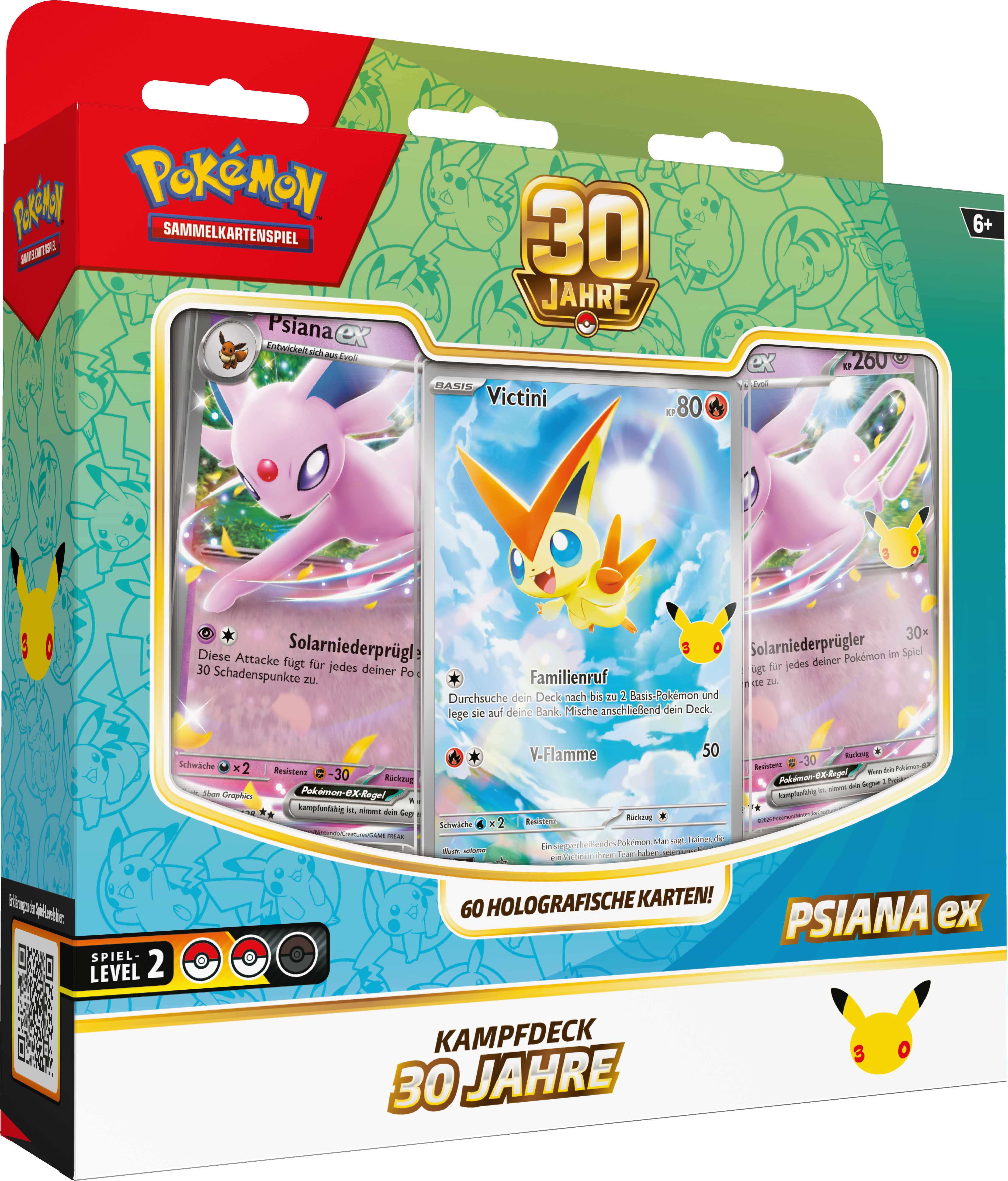 Pokémon 30 Jahre Kampfdeck mit Espeon ex und Victini Karten in grüner Verpackung.