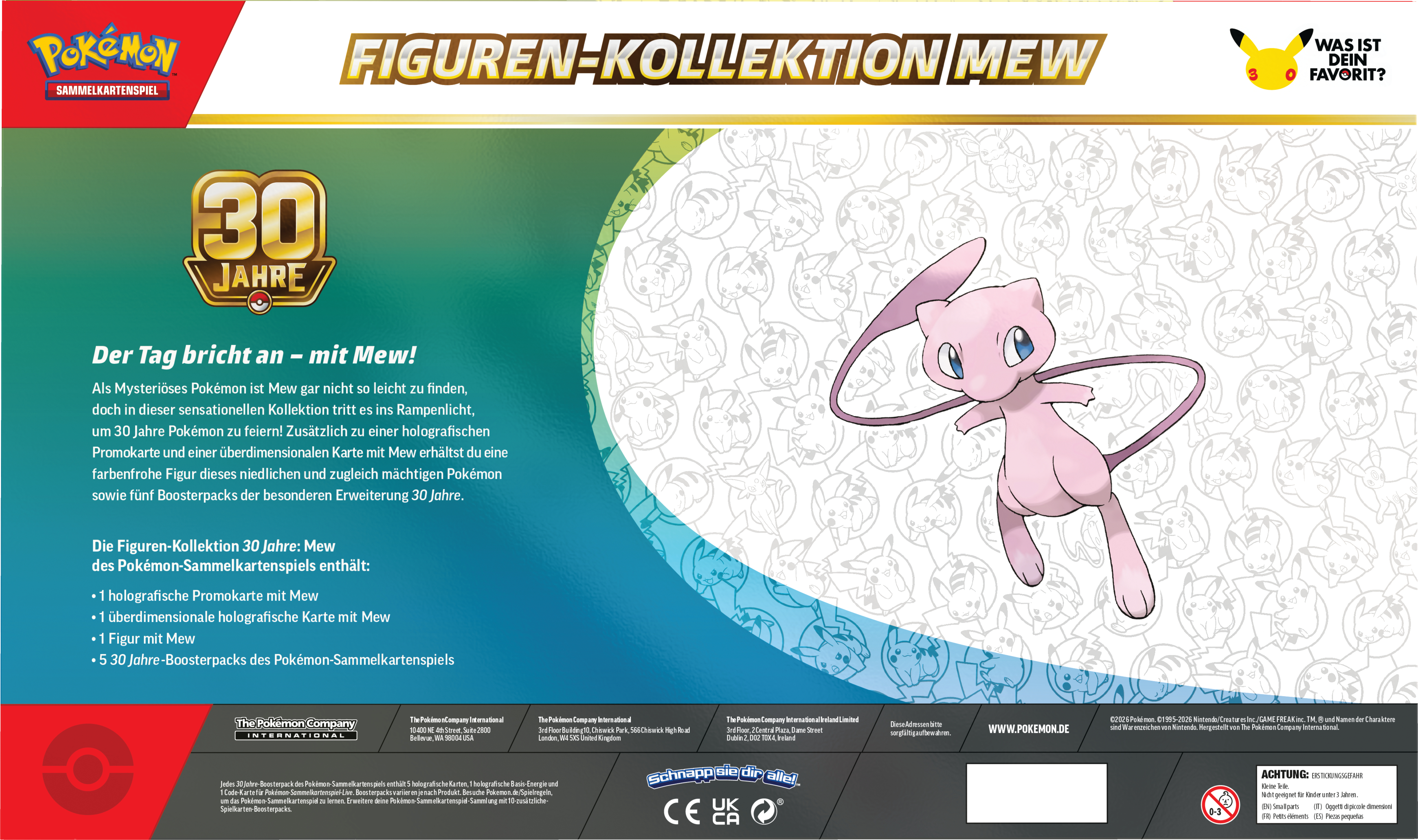 Pokémon 30 Jahre Mew Figuren-Kollektion Verpackung mit Mew Illustration und Text.