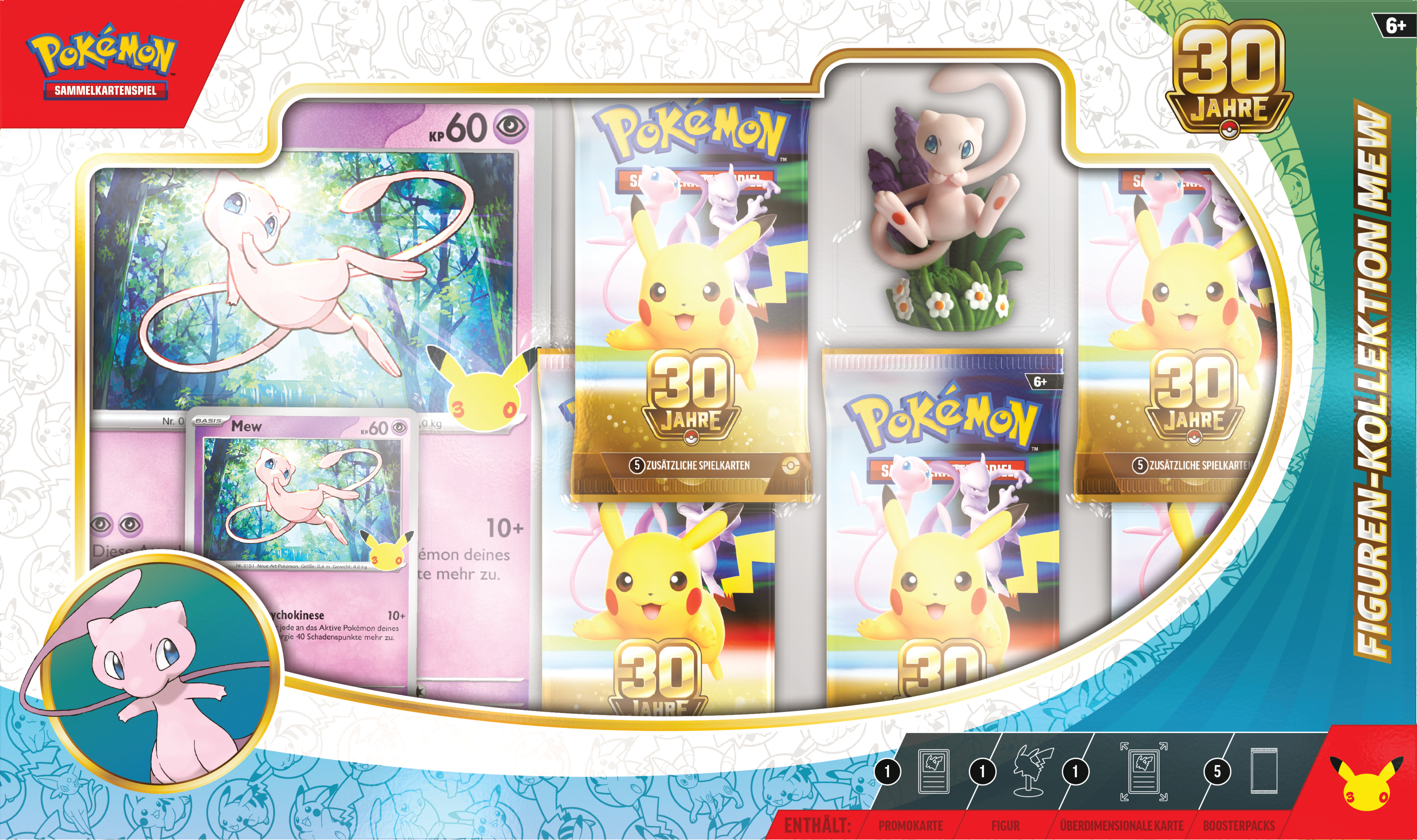 Pokémon Mew Figuren-Kollektion mit Promokarte, Mew-Figur, übergroßer Karte und fünf Boosterpacks.