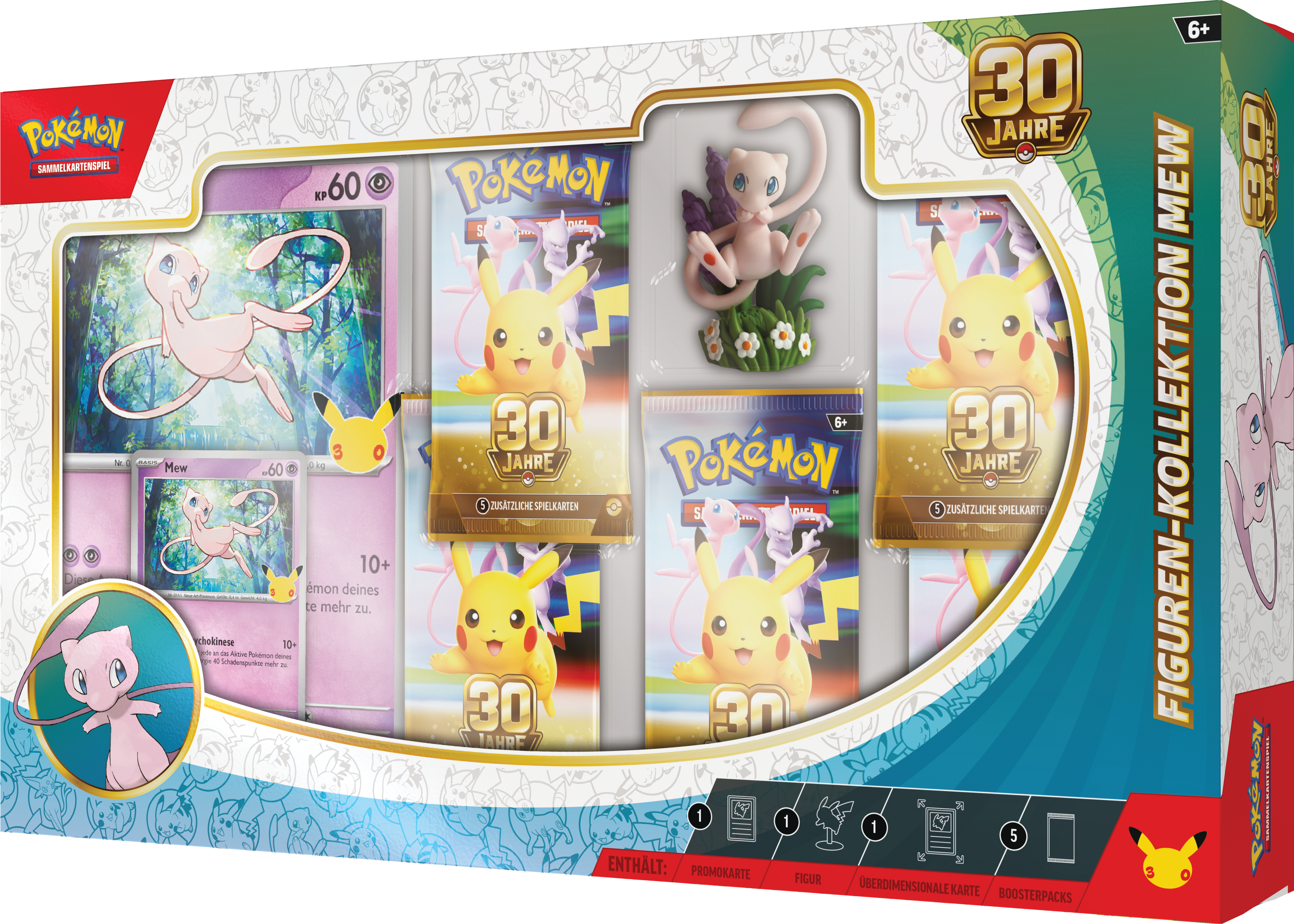 Pokémon 30 Jahre Figuren-Kollektion Mew mit Mew-Figur, Promokarte, und Boosterpacks.