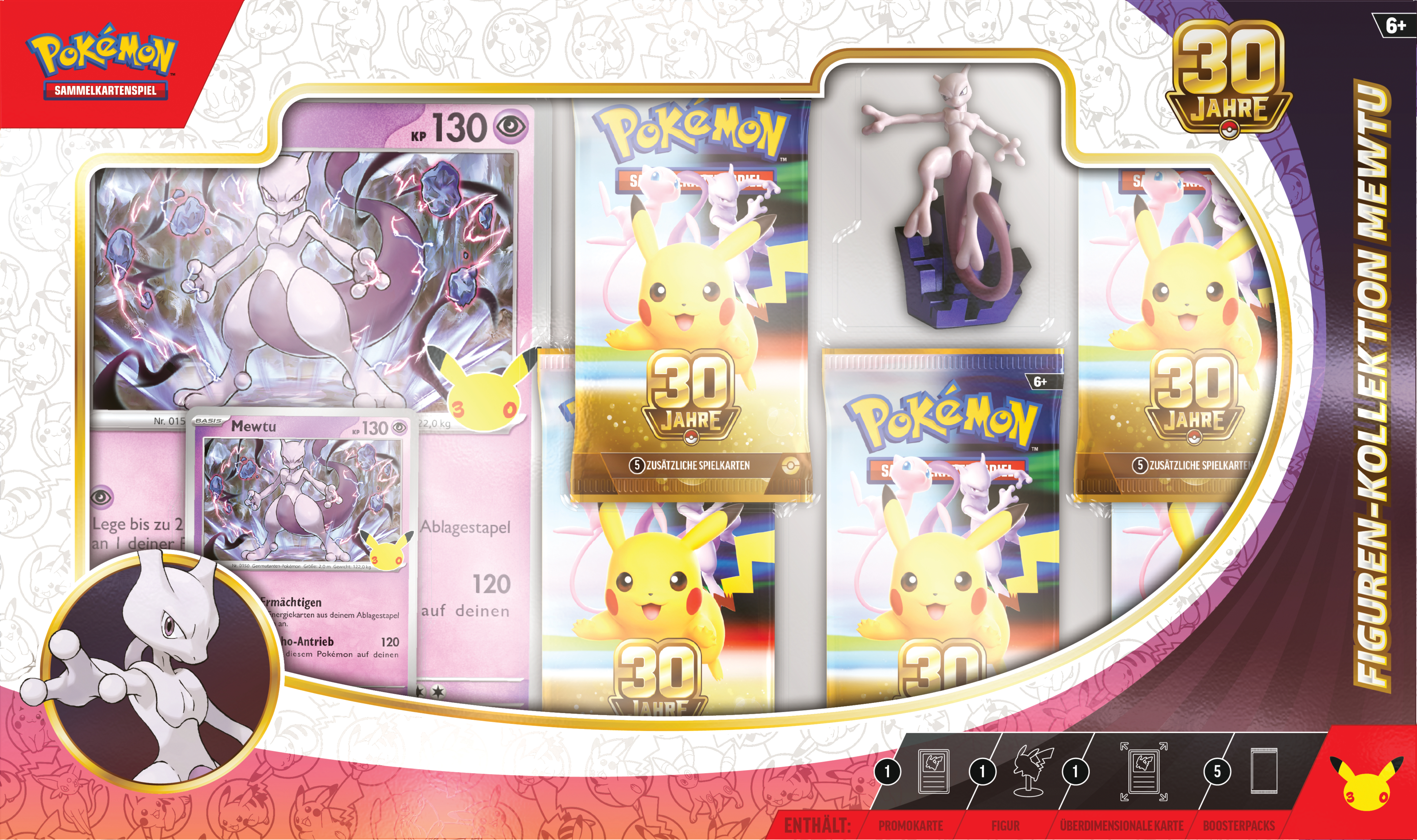 Pokémon Mewtu Figuren-Kollektion Box mit Promo-Karte, Mewtu-Figur, übergroßer Karte und fünf Boosterpacks.