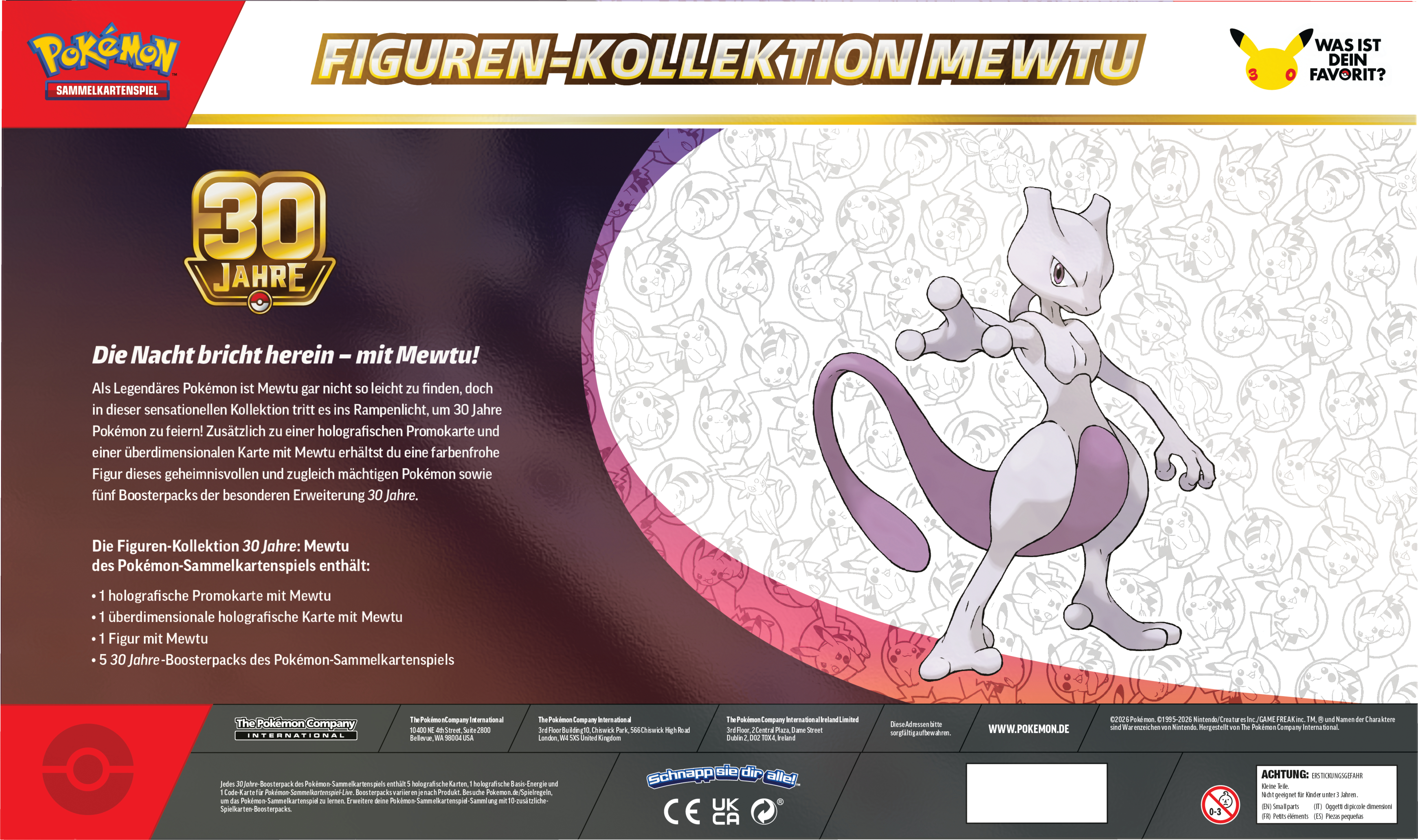 Pokémon 30 Jahre Mewtu-Figuren-Kollektion, mit Mewtu-Figur, Promokarte und Boosterpacks vor weißem Hintergrund.