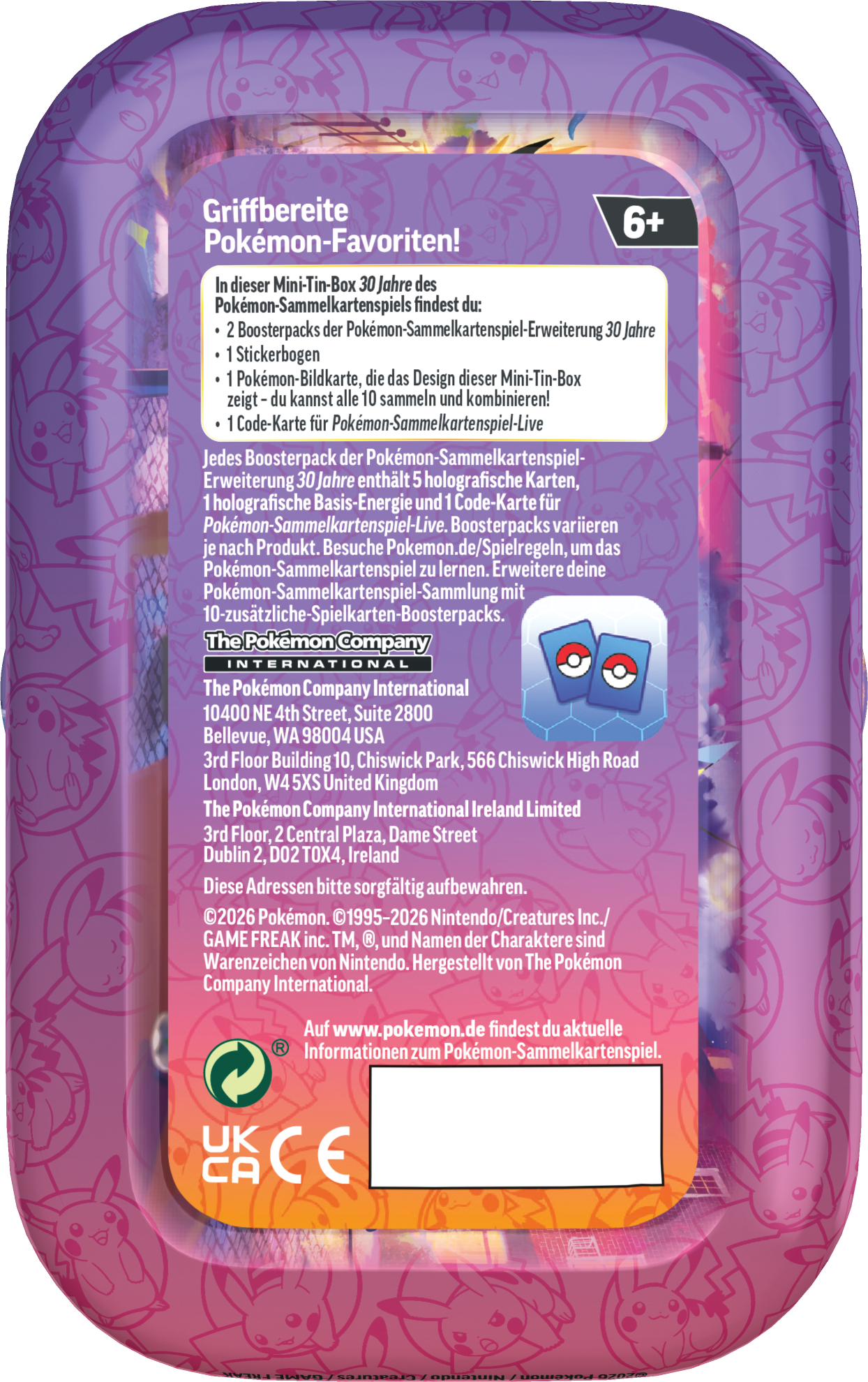 Rückseite einer Pokémon Mini-Tin-Box mit Text und Pikachu-Grafiken.