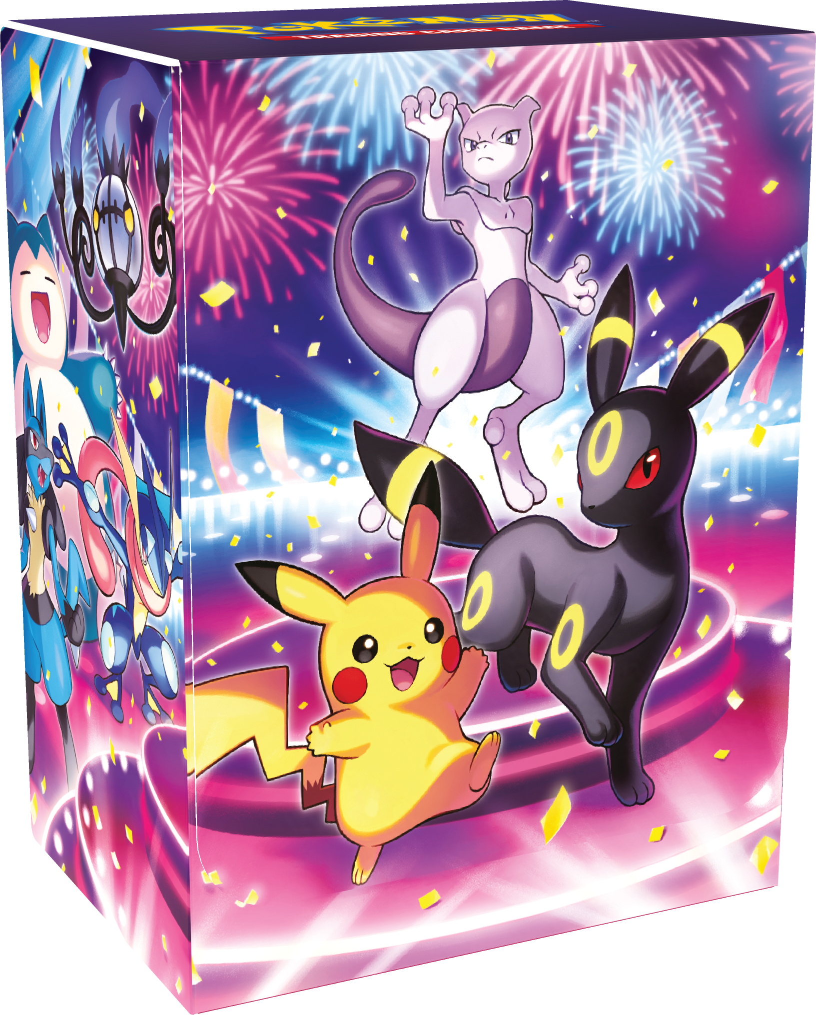 Pokemon-Sammelkartenbox mit Pikachu, Umbreon und Mewtu vor festlichem Feuerwerk.