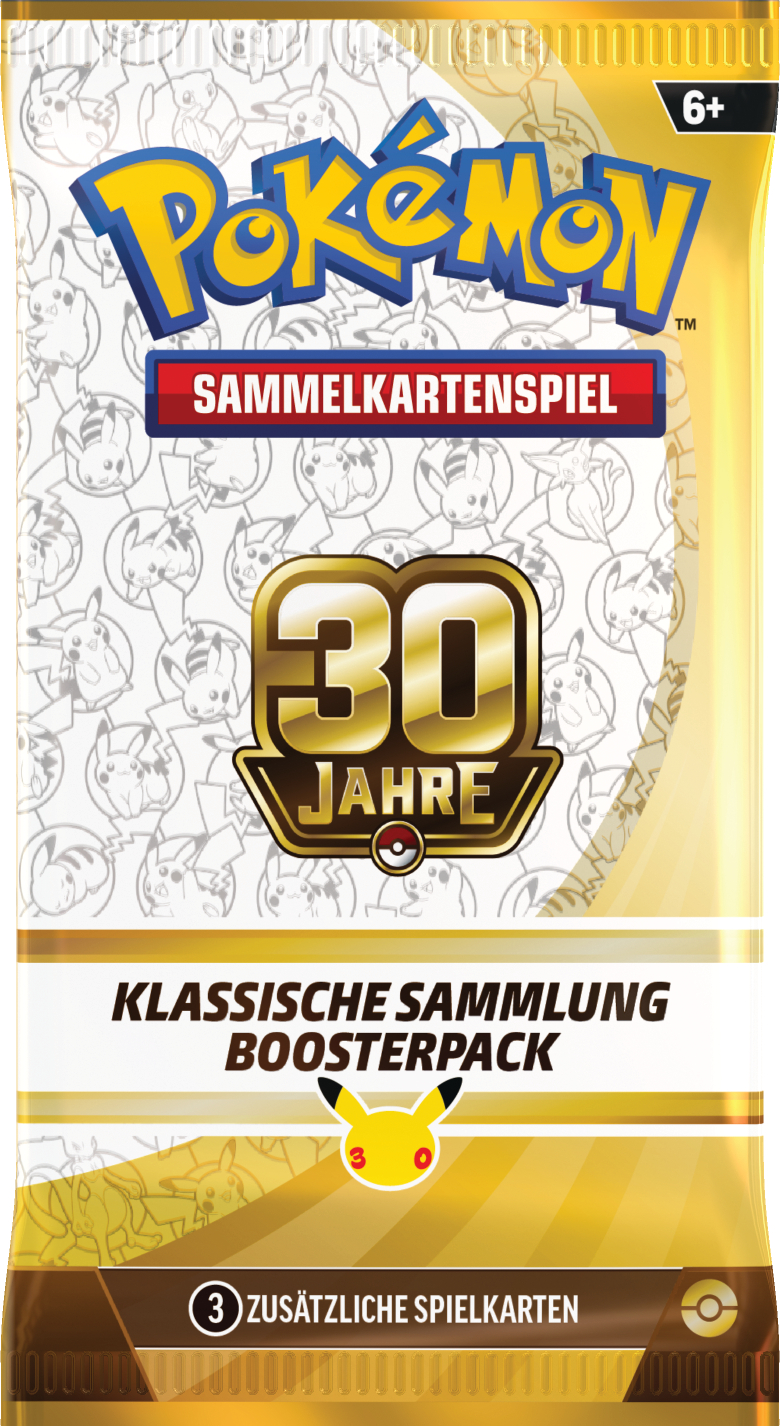 Goldene Pokémon Sammelkarten-Verpackung mit dem Aufdruck 30 Jahre und Pikachu-Grafiken.