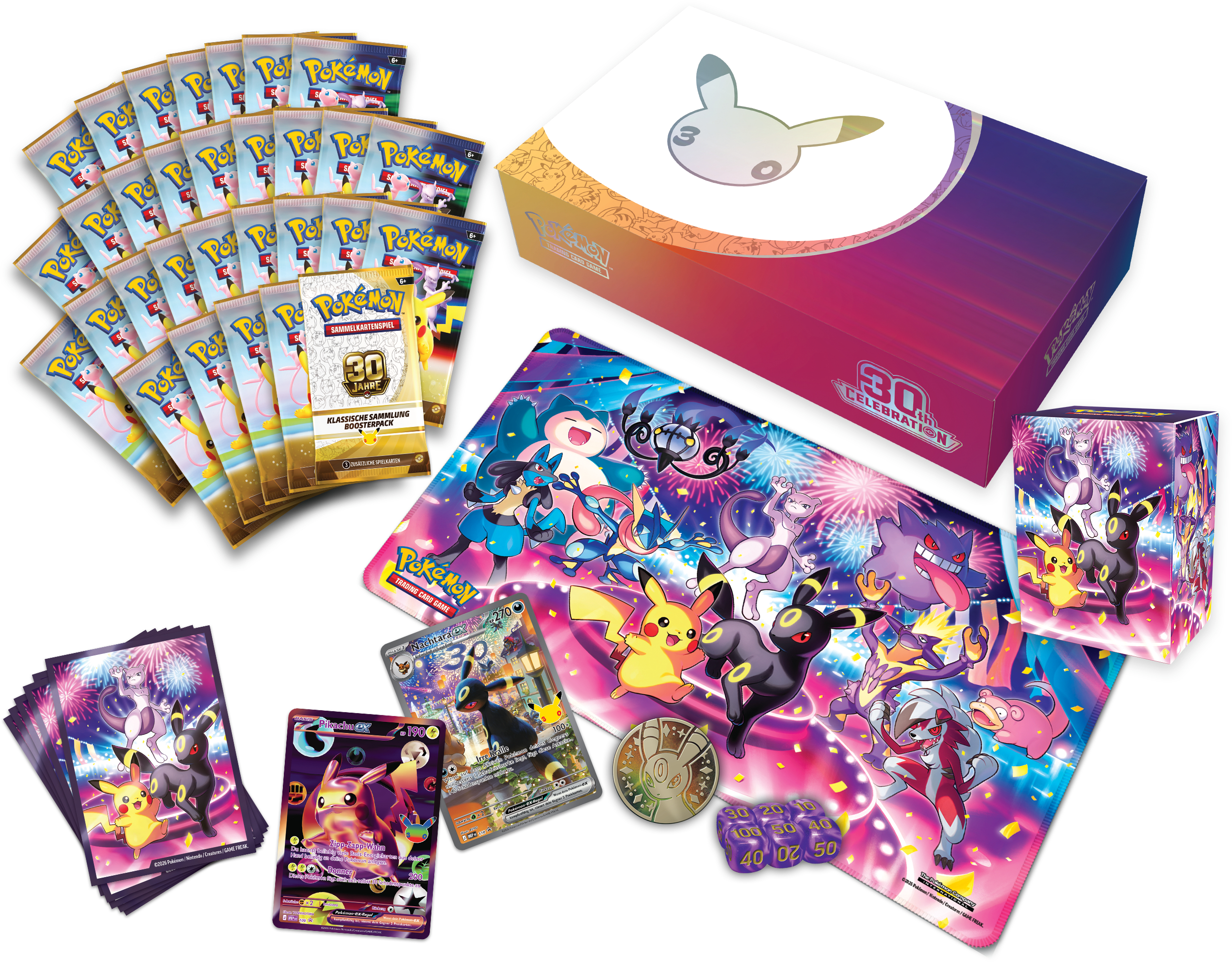 Pokémon 30th Celebration Box mit Boosterpacks, Spielmatte, Karten, Würfeln und Zubehör auf weißem Hintergrund.