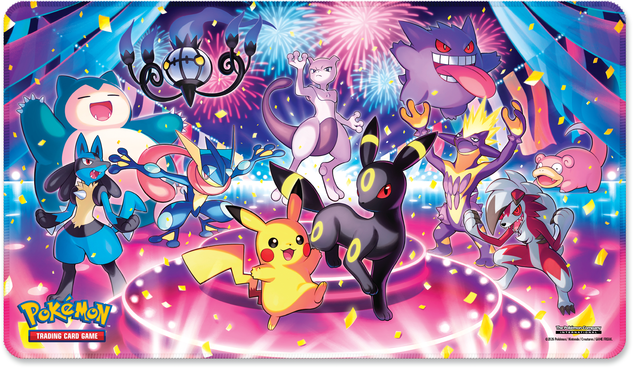 Verschiedene Pokémon-Charaktere feiern fröhlich vor einem bunten Hintergrund mit Feuerwerk und Konfetti.
