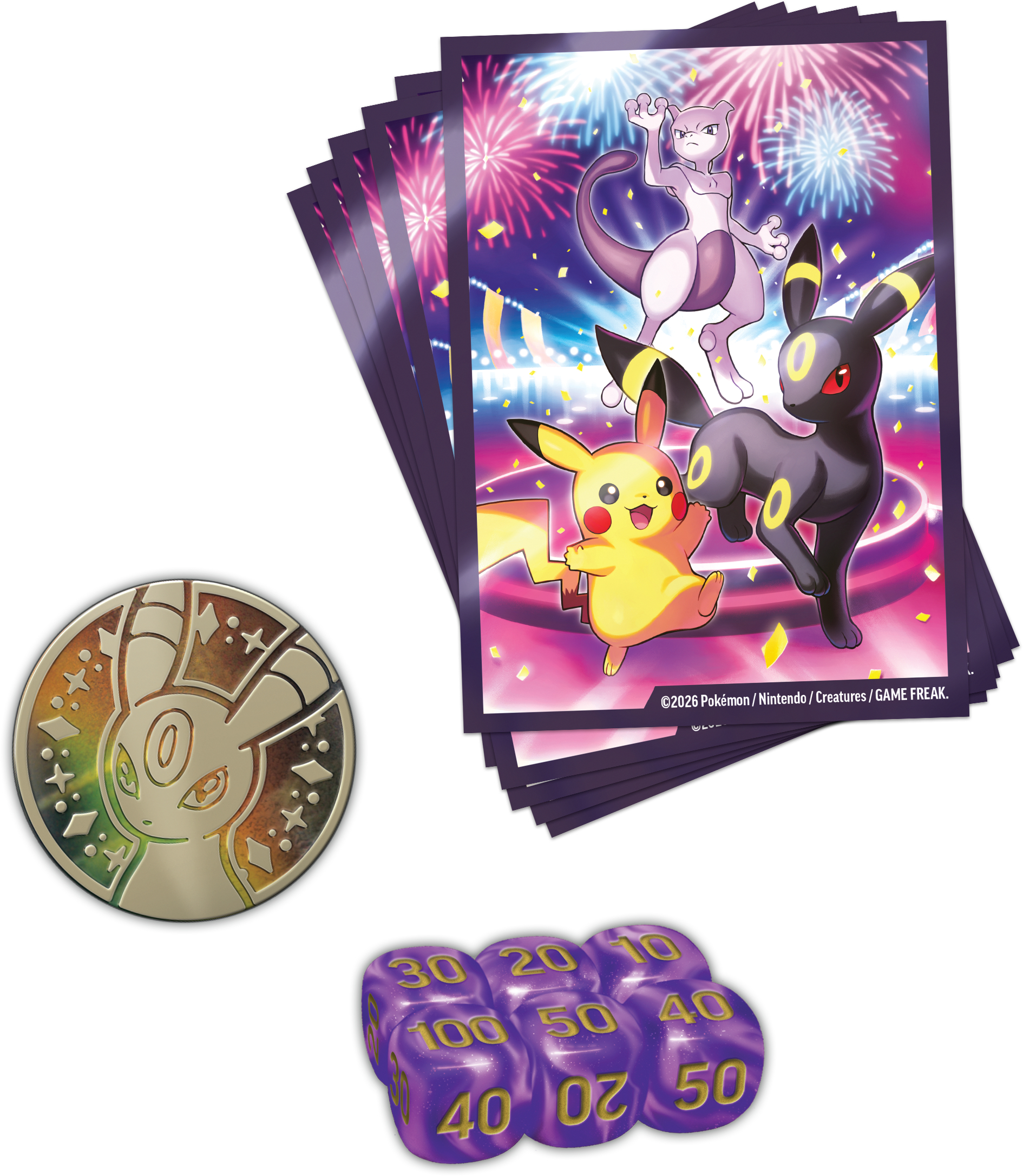 Pokémon-Sammelkartenzubehör mit Pikachu, Mewtu und Umbreon, einer Münze und lilafarbenen Würfeln.