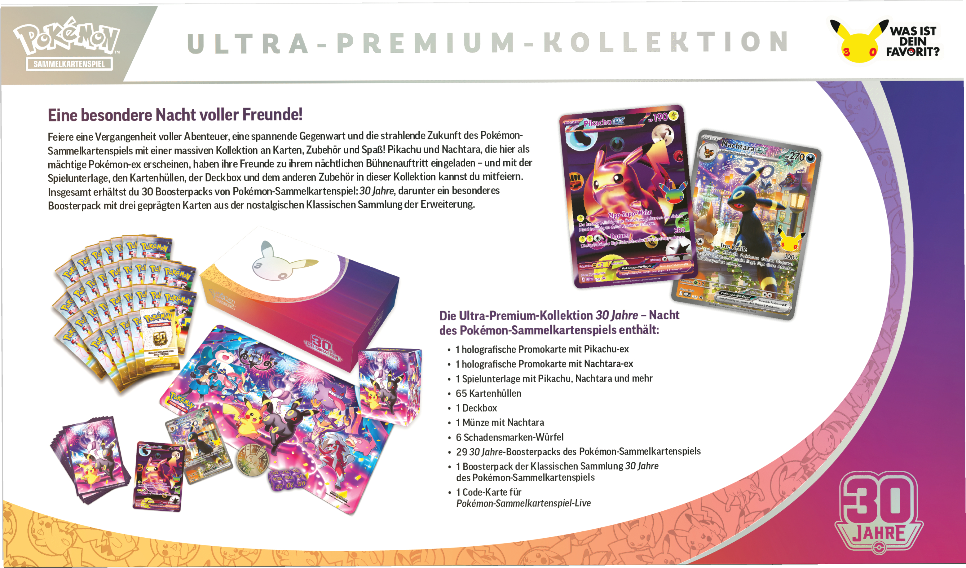 Pokémon 30 Jahre Ultra-Premium-Kollektion mit Karten, Boosterpacks, Deckbox, Spielunterlage und Zubehör.