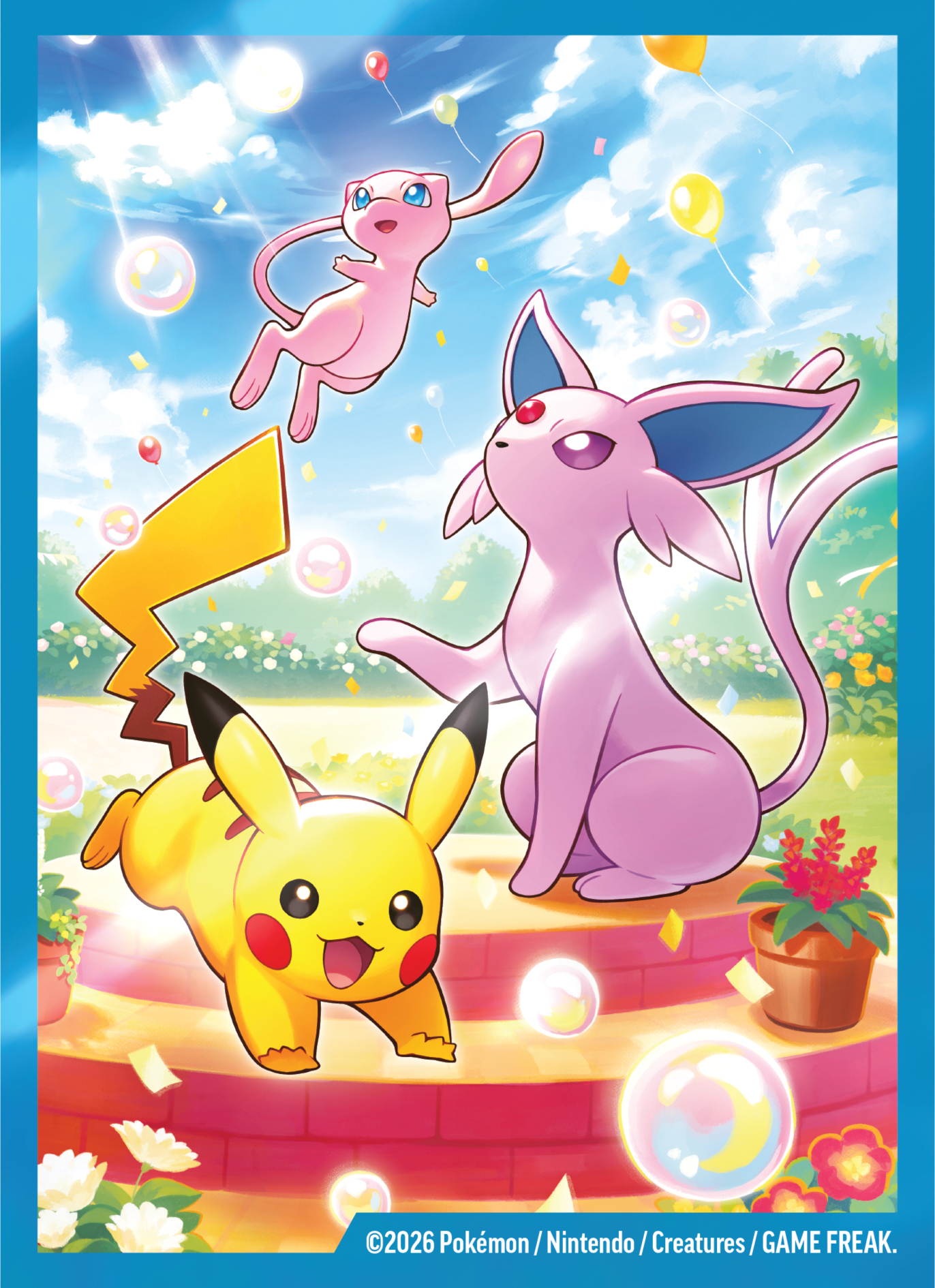 Pikachu, Espeon und Mew feiern fröhlich mit Luftballons und Seifenblasen im Sonnenschein.