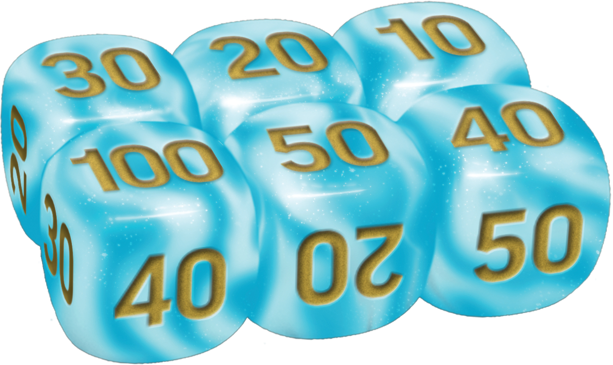 Sechs hellblaue Würfel mit goldenen Zahlen von 10 bis 100 auf weißem Hintergrund.