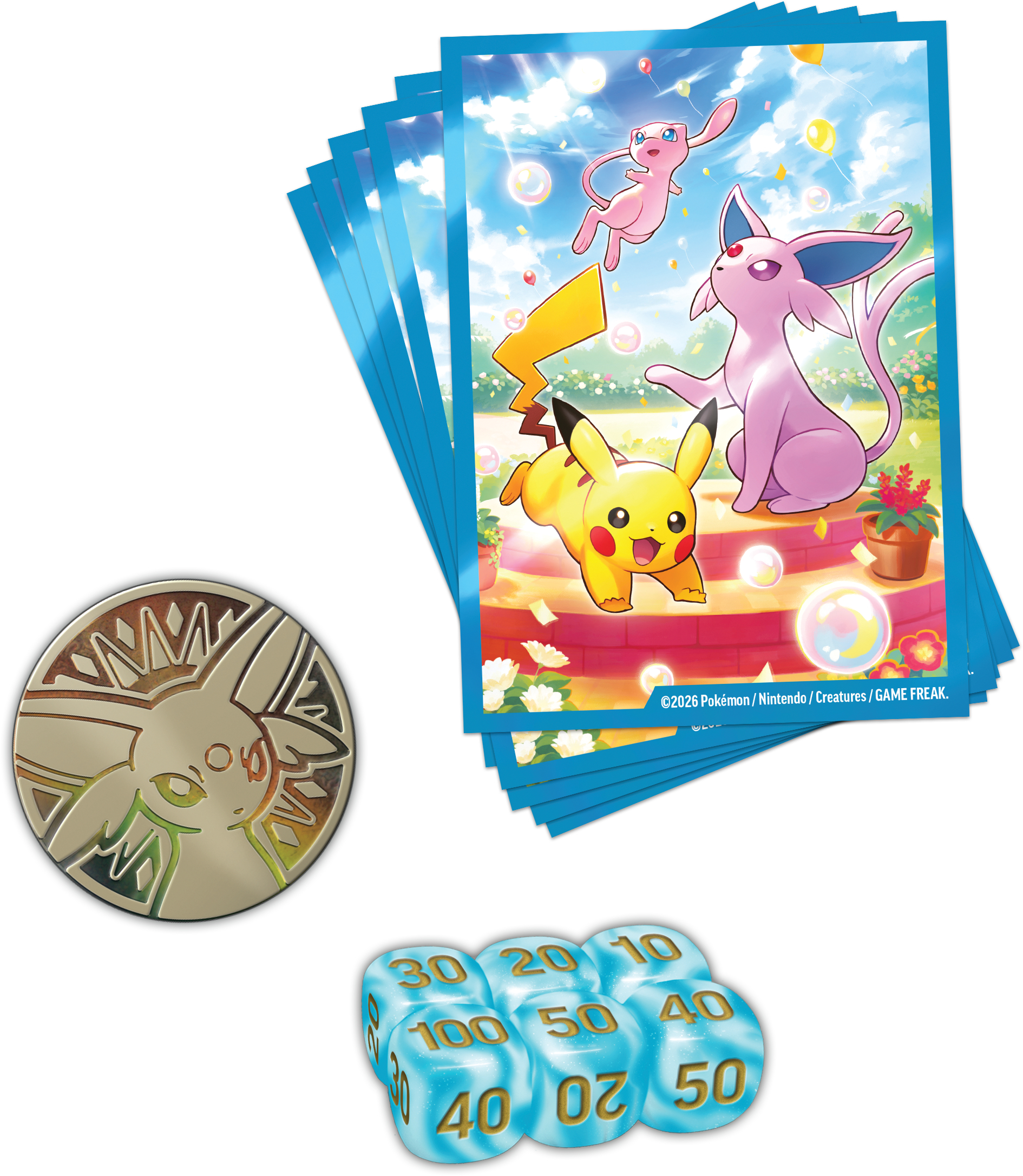 Pokémon-Kartenhüllen, eine Espeon-Münze und blaue Schadenswürfel.