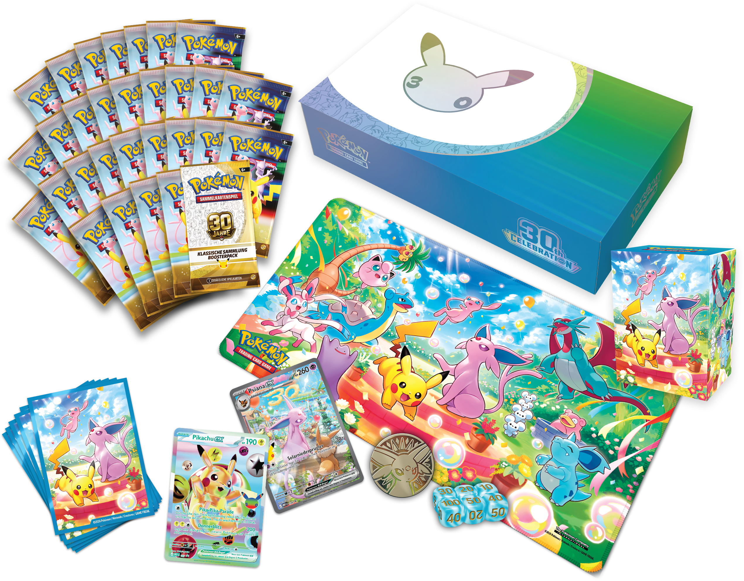 Ein Pokémon 30-Jahre-Set mit Boosterpacks, Spielmatte, Karten, Würfeln, Deckbox und einer großen Box.
