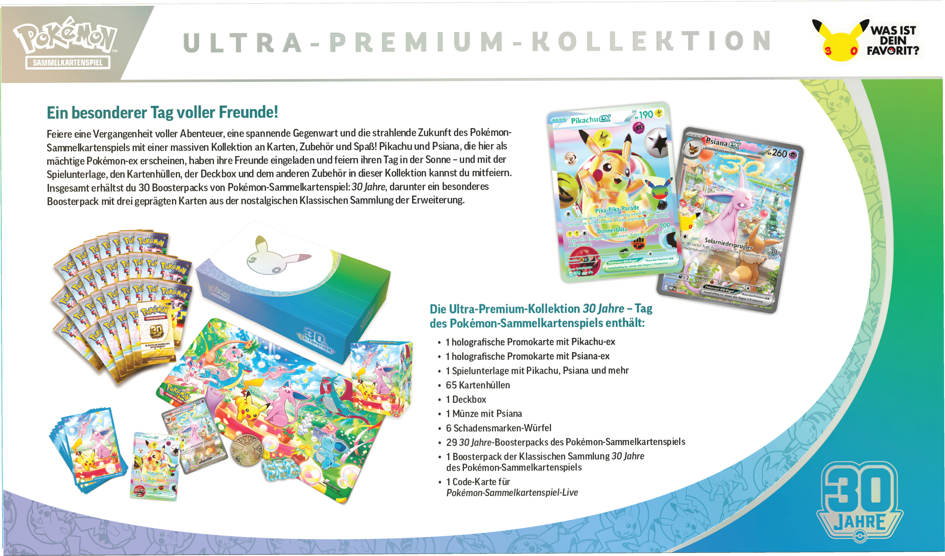 Pokémon 30 Jahre Ultra-Premium-Kollektion mit Karten, Boosterpacks, Spielunterlage und Zubehör.
