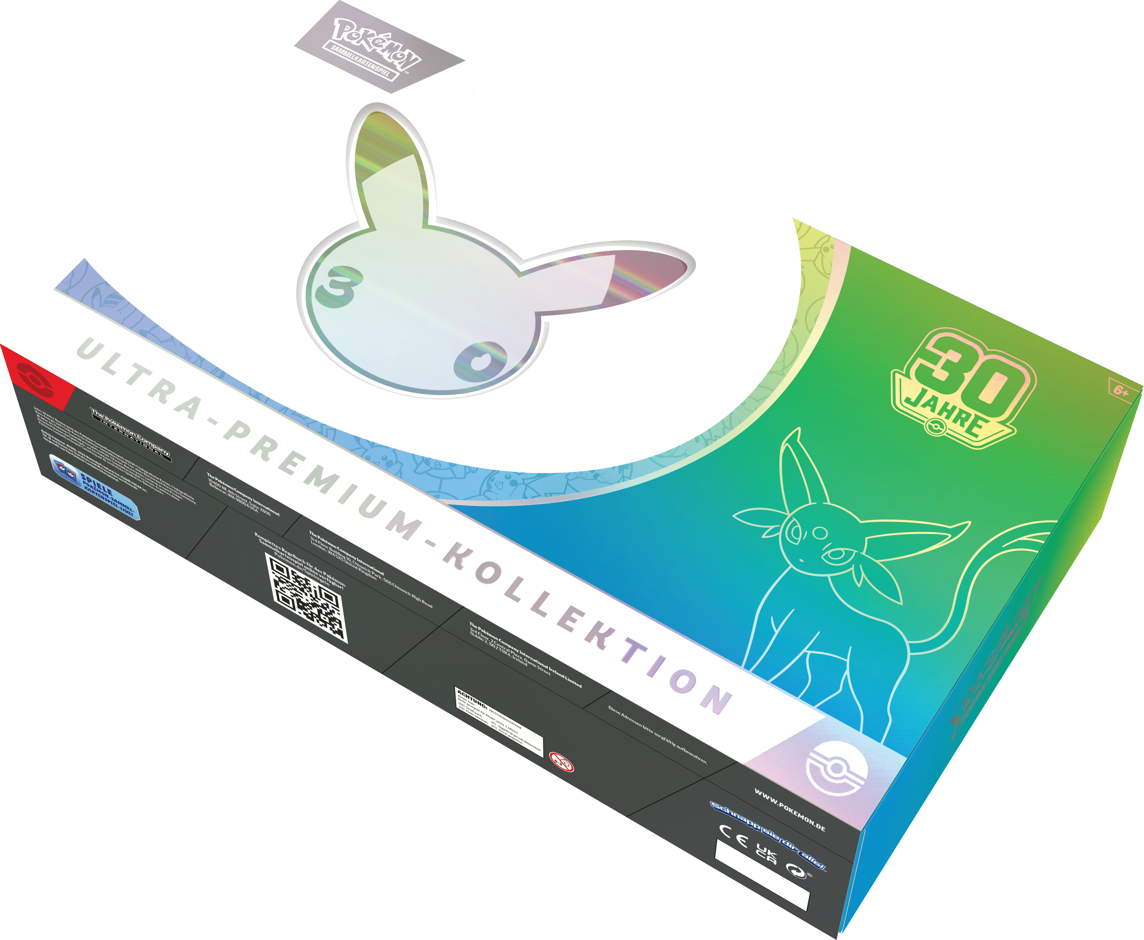 Pokémon Ultra-Premium-Kollektion Box mit holografischem Pikachu-Symbol und 30 Jahre Jubiläumslogo.