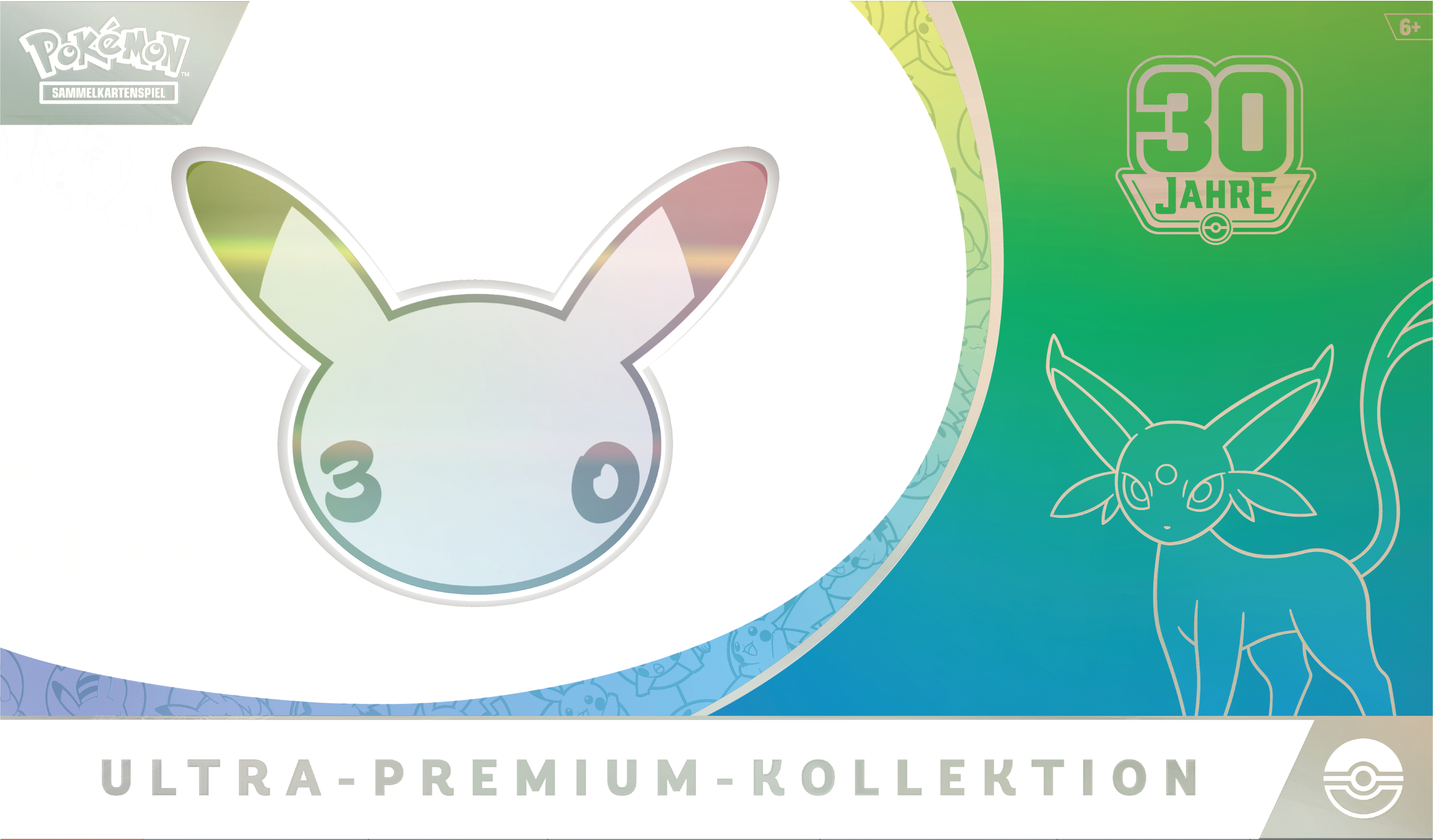 Pokemon Ultra-Premium-Kollektion Box mit Pikachu und Eevee Motiven sowie 30 Jahre Jubiläumslogo.
