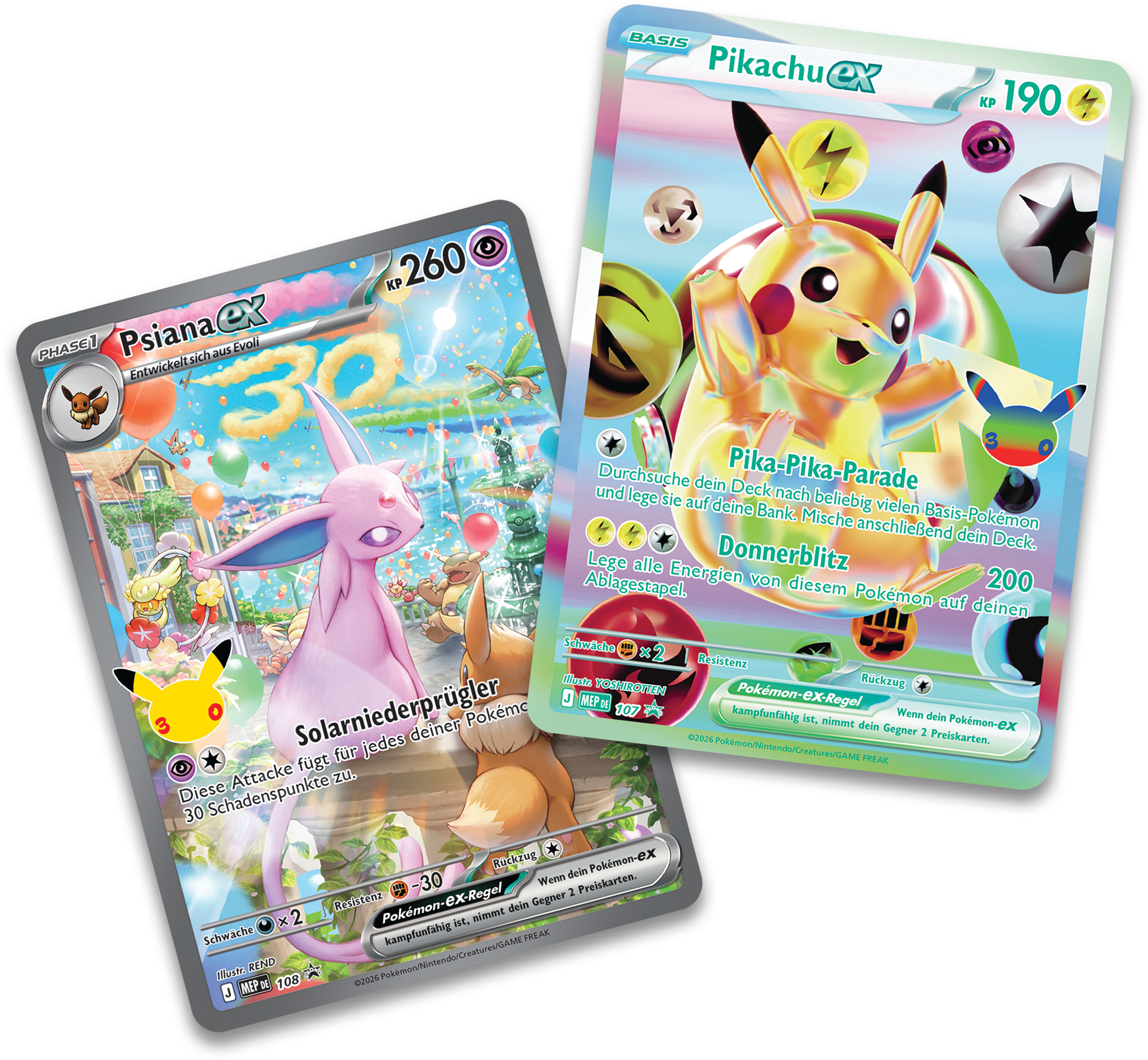 Zwei deutsche Pokémon-EX-Sammelkarten mit Espeon und Pikachu in bunten, glänzenden Illustrationen.