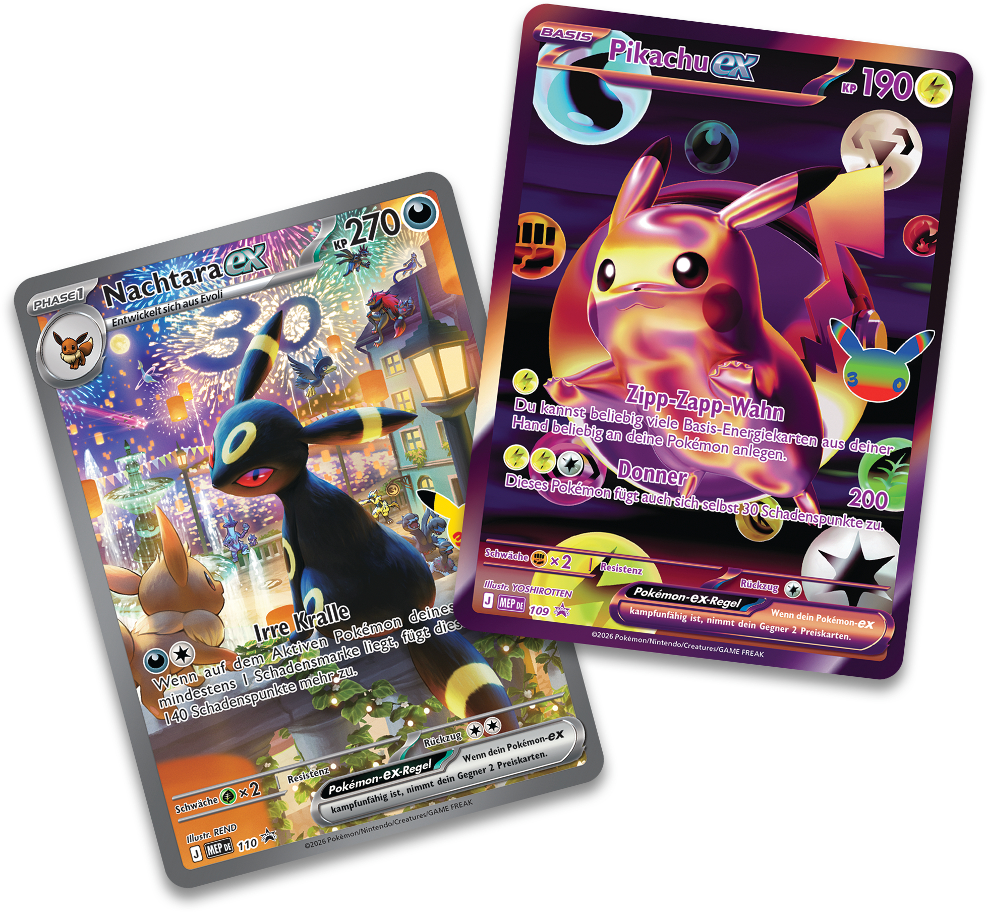 Zwei deutsche Pokémon-Sammelkarten mit Umbreon ex im nächtlichen Dorf und Pikachu ex in einer glänzenden Lila-Edition.