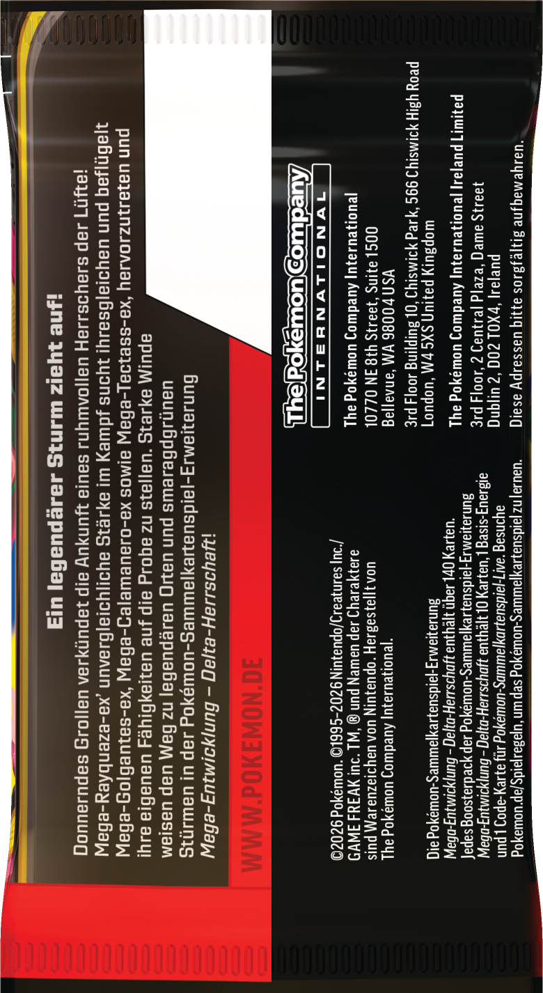 Rückseite einer Pokémon-Sammelkartenspiel-Boosterpackung mit deutschem Text und Firmeninformationen.