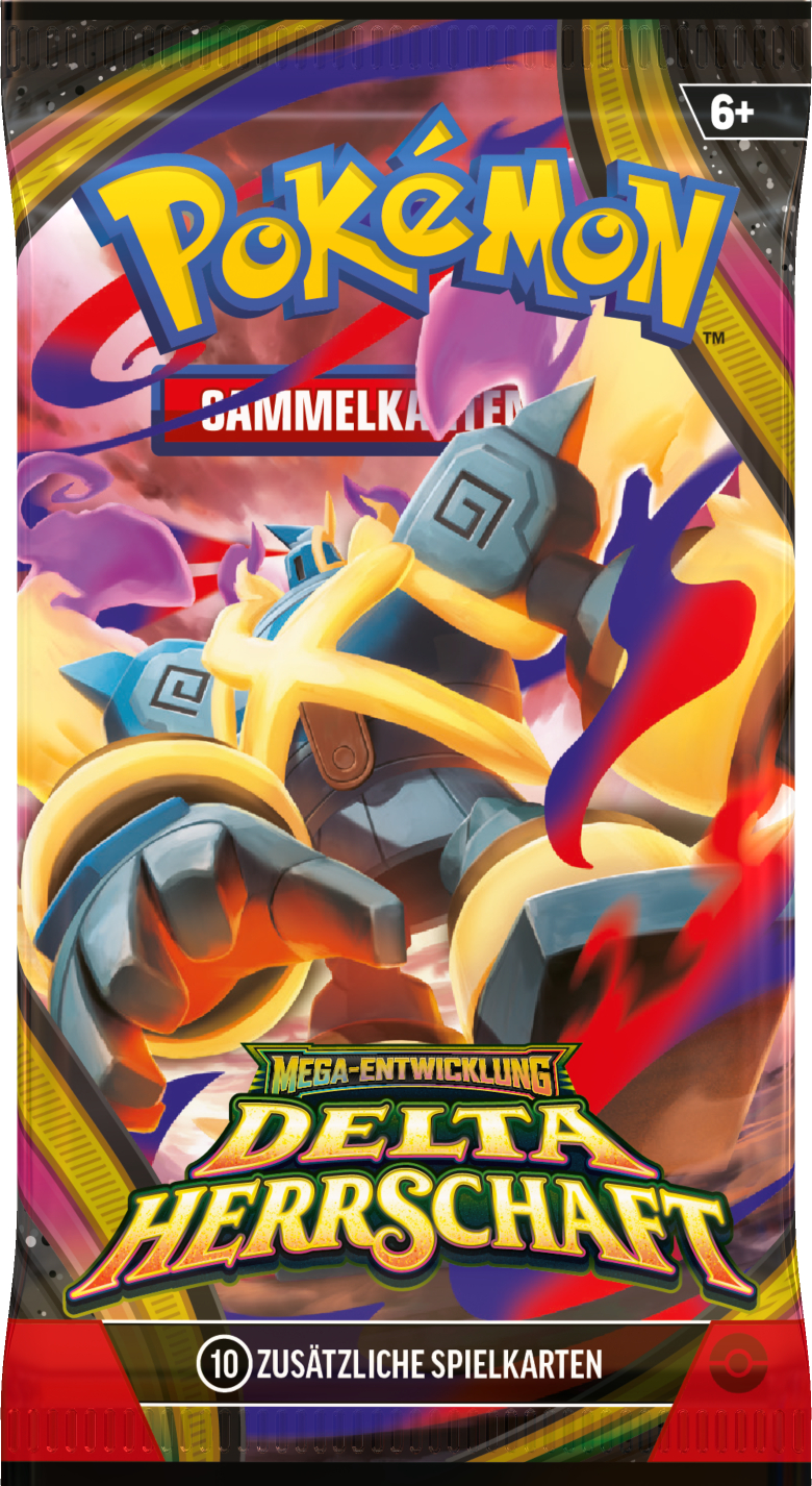 Pokémon Delta Herrschaft Booster-Pack mit Golurk vor einem roten Hintergrund und gelber Schrift.