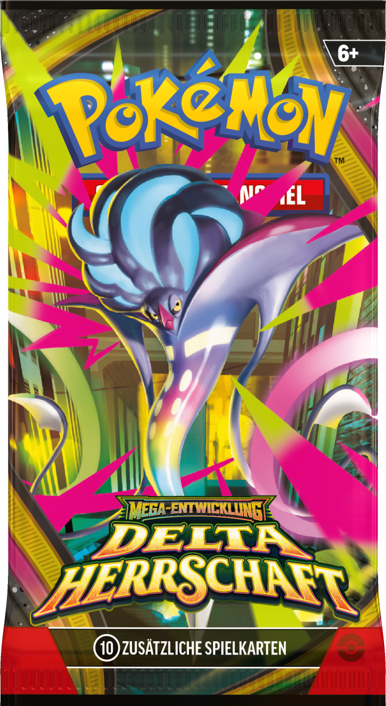 Pokémon Delta Herrschaft Booster-Pack mit der Kreatur Iscalar auf einem gelb-pinken Hintergrund.
