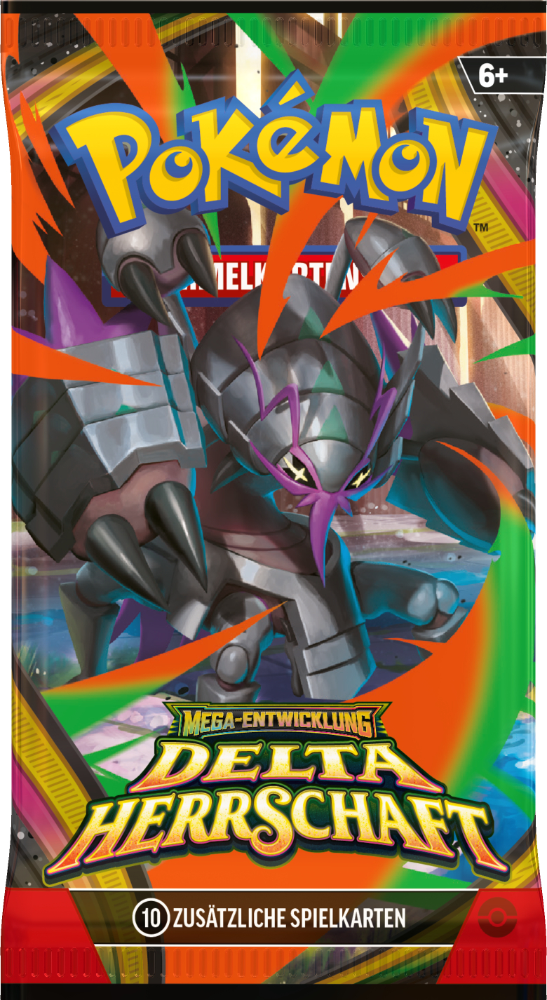 Pokémon Delta Herrschaft Boosterpack mit dem grauen Roboter-Pokémon Golisopod vor einem bunten Hintergrund.
