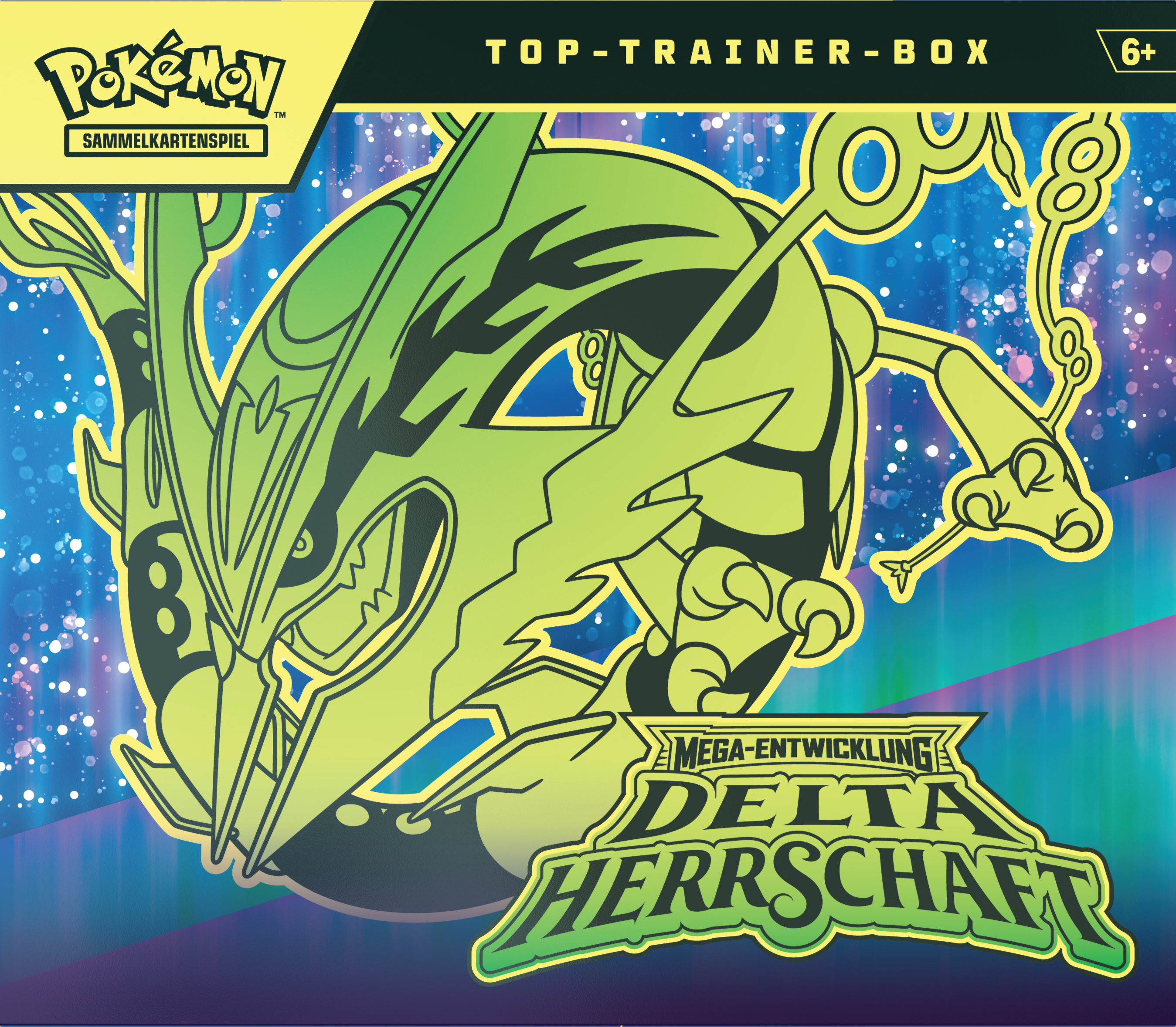 Eine Pokémon-Sammelkartenbox mit einer grünen Rayquaza-Illustration vor blauem kosmischen Hintergrund.