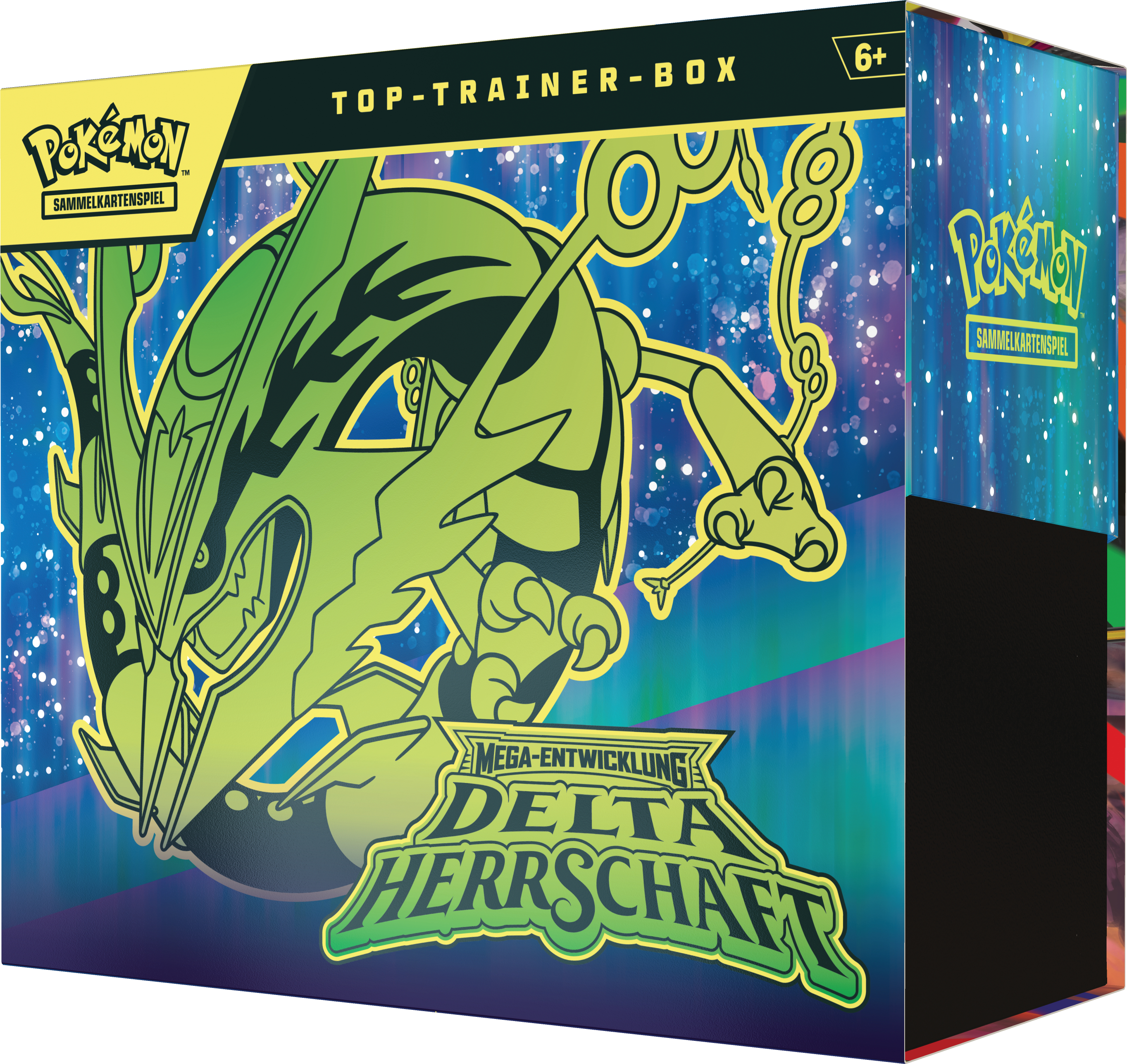 Pokémon Top-Trainer-Box mit grüner Rayquaza-Illustration und dem Text Delta Herrschaft.