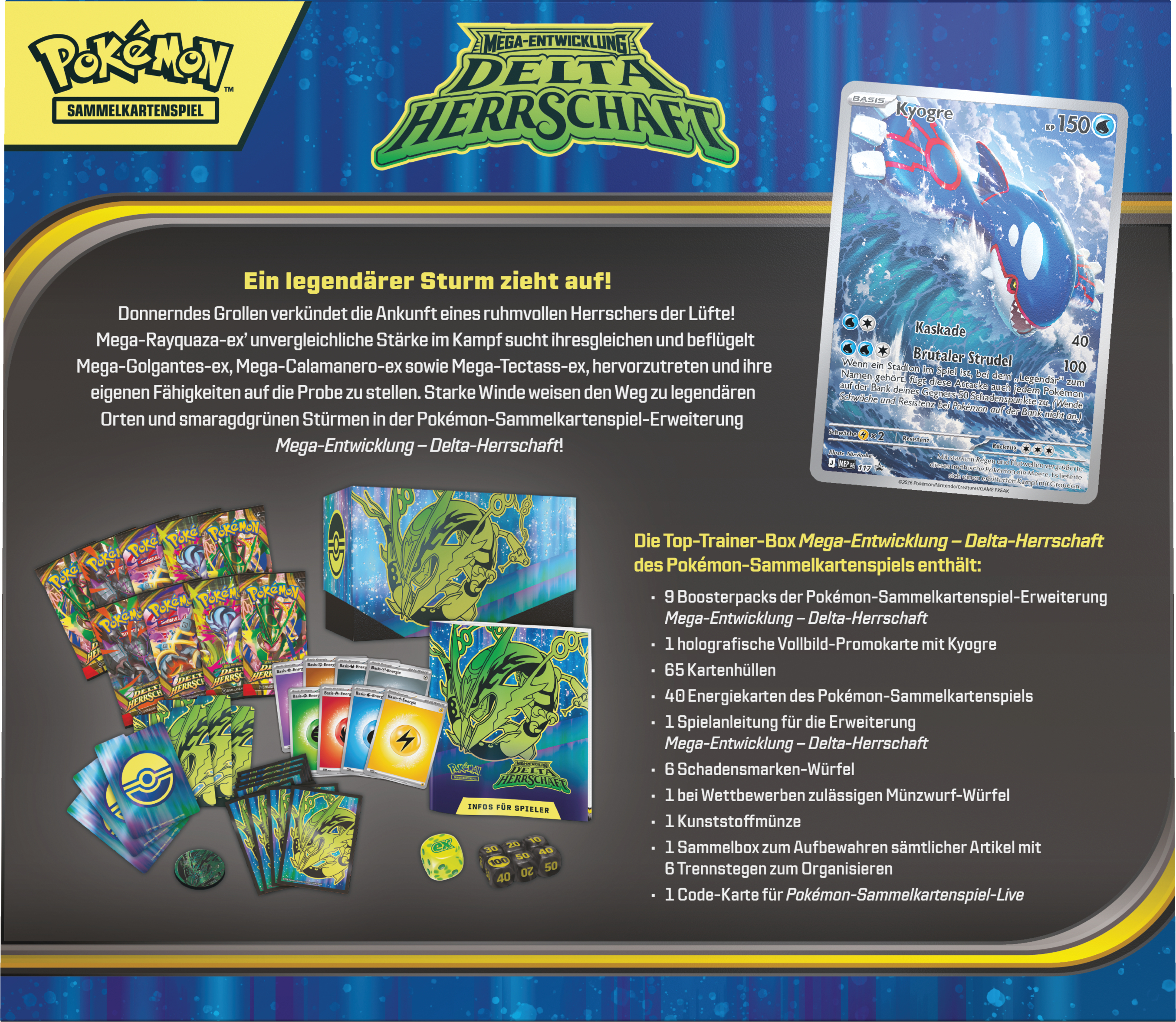 Pokémon Delta-Herrschaft Top-Trainer-Box mit Kyogre-Karte, Boosterpacks, Hüllen, Würfeln und Sammelbox.