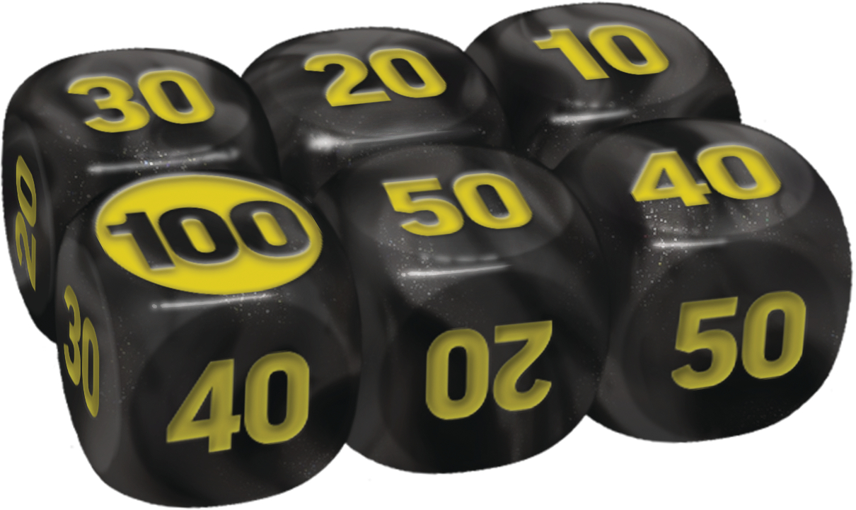Sechs schwarze Würfel mit gelben Zahlen und Werten wie 10, 20, 30, 40, 50 und 100.