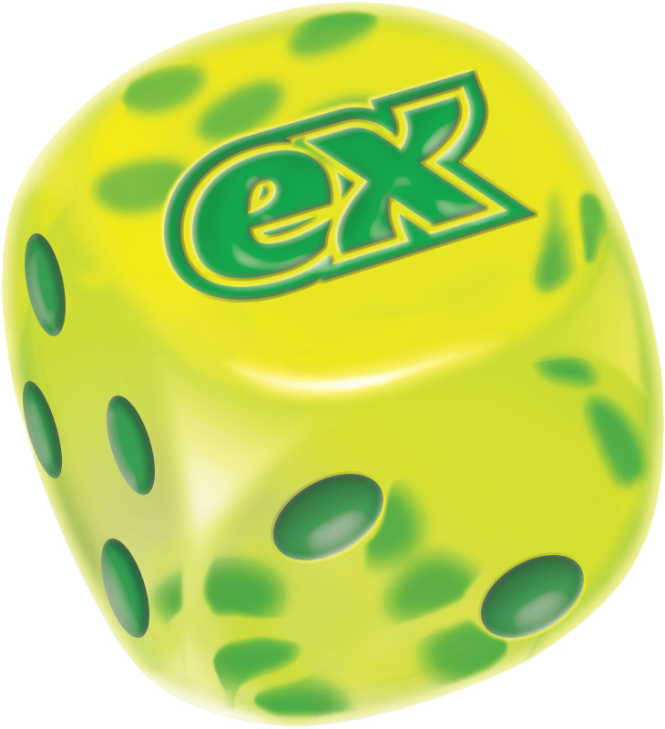 Ein gelber Spielwürfel mit grünen Punkten und dem grünen Logo 'ex' auf der Oberseite.