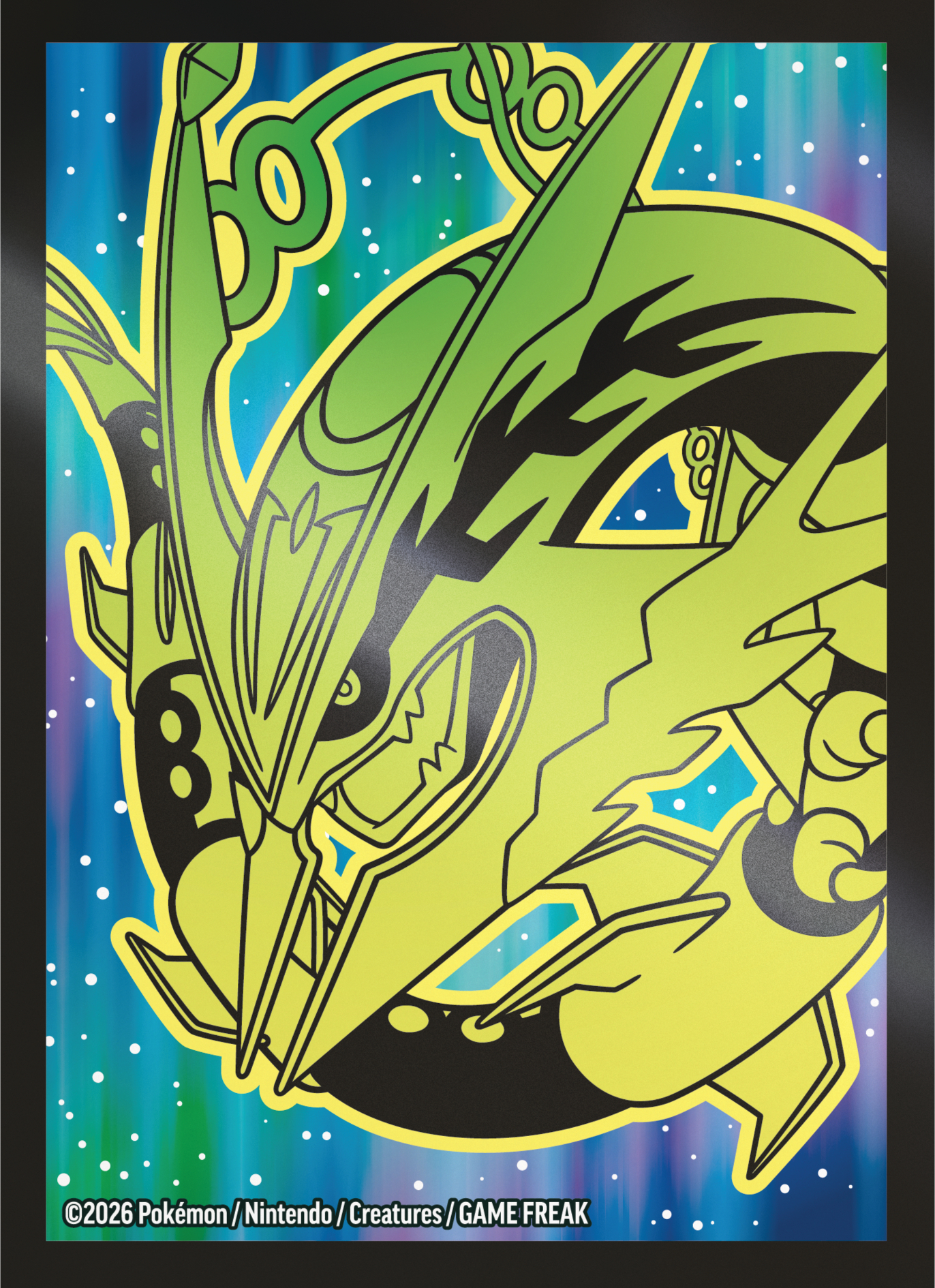 Grüne und schwarze Pokémon Rayquaza Illustration vor sternenblauem Hintergrund.