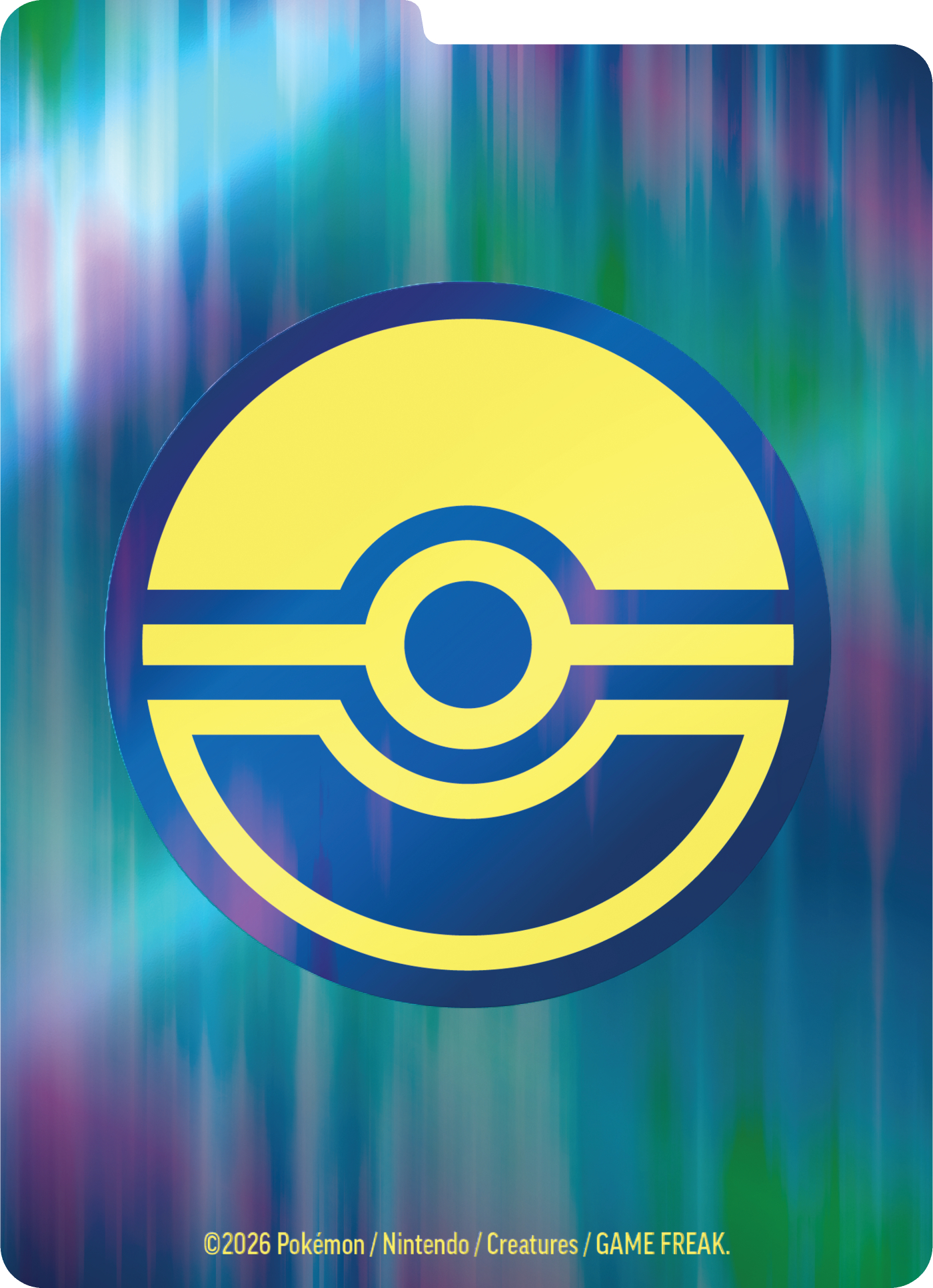 Ein blau-gelbes Pokeball-Symbol vor einem verschwommenen blauen und grünen Hintergrund.