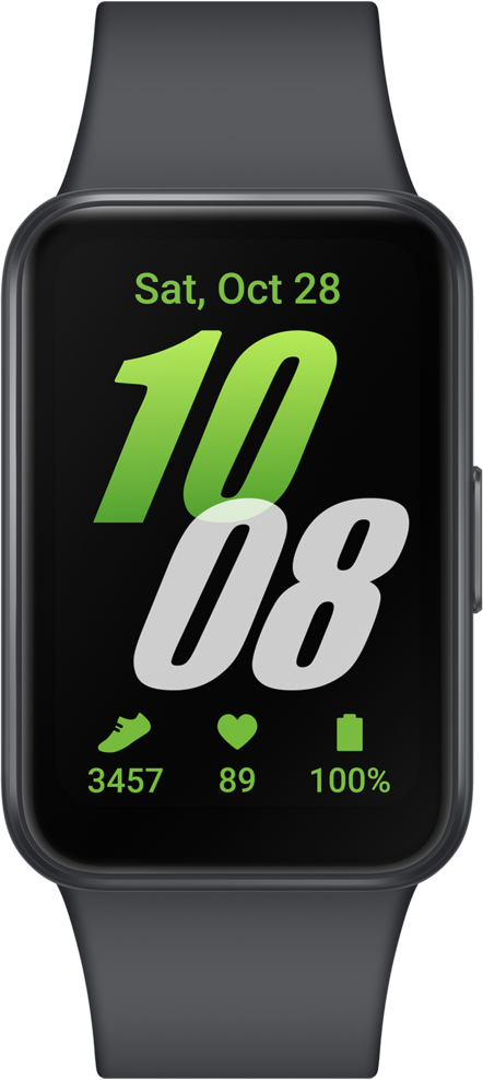 Montre connectée noire affichant 10:08, la date, les pas, le rythme cardiaque et 100% de batterie.