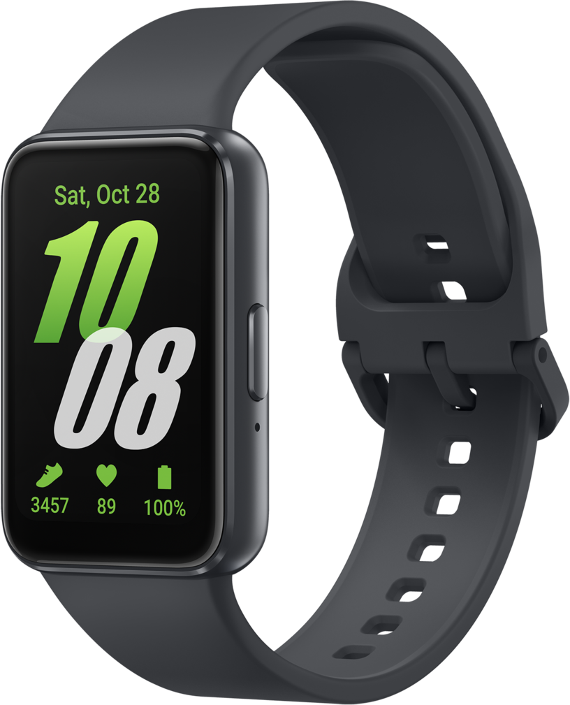 Une montre connectée noire avec un bracelet gris affiche la date, l'heure, les pas, la fréquence cardiaque et la batterie.