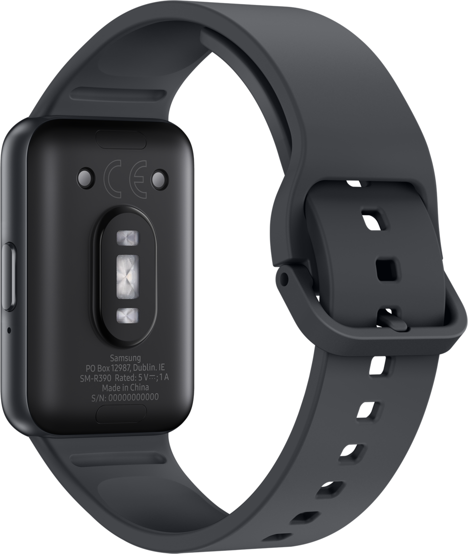 Dos d'une montre connectée noire avec capteurs et bracelet en silicone sur fond noir.