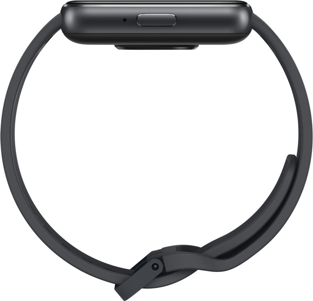 Gros plan d'une montre connectée noire avec boîtier rectangulaire et bouton sur fond sombre.
