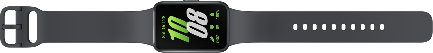 Une montre connectée noire avec un bracelet gris foncé affiche un cadran numérique vert et blanc avec l'heure et la date.