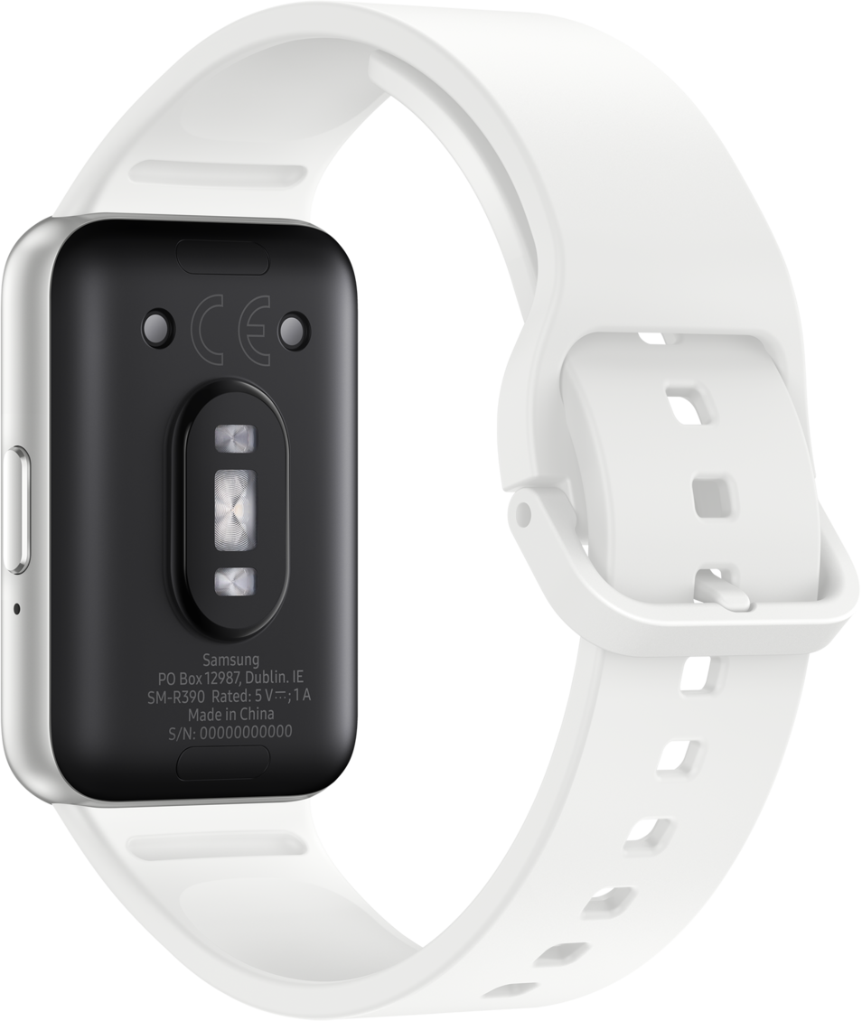 Dos d'une montre connectée Samsung avec capteurs et bracelet en silicone blanc sur fond noir.