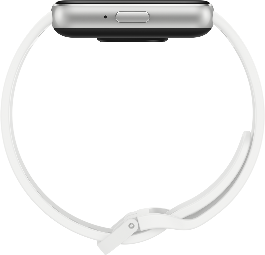Une montre connectée avec boîtier argenté et bracelet blanc sur fond noir.