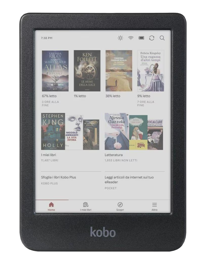 Ein schwarzer Kobo-E-Reader zeigt den Startbildschirm mit E-Book-Covern, Lesefortschritt und Menüleiste.