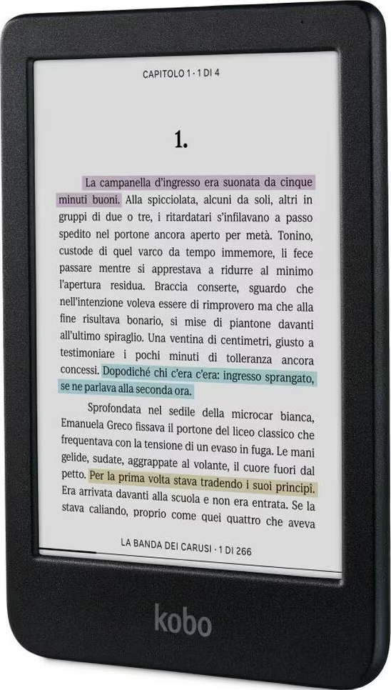 Ein schwarzer Kobo-E-Reader zeigt eine geöffnete Buchseite mit hervorgehobenen Textpassagen.