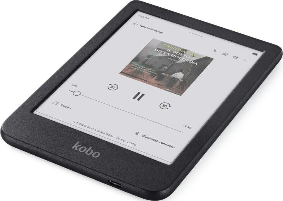 Schwarzer Kobo-E-Reader mit einem Hörbuch-Abspielbildschirm.