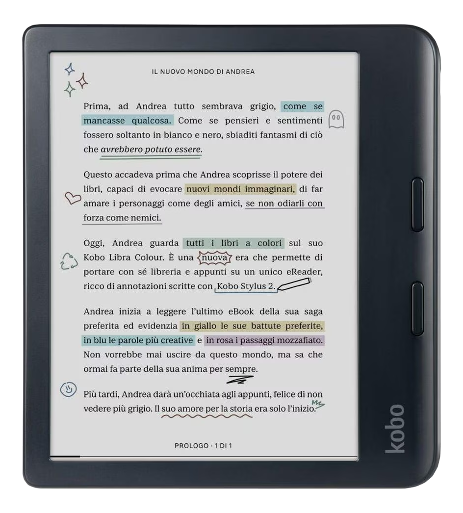 Ein Kobo-E-Reader zeigt eine farbige eBook-Seite mit handschriftlichen Notizen und Markierungen.