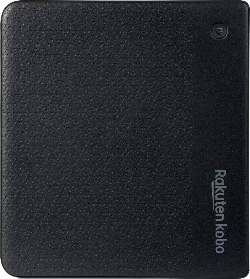 Eine schwarze Kobo E-Reader-Rückseite zeigt ein strukturiertes Muster, einen Ein-/Ausschalter und das Rakuten-Kobo-Logo.
