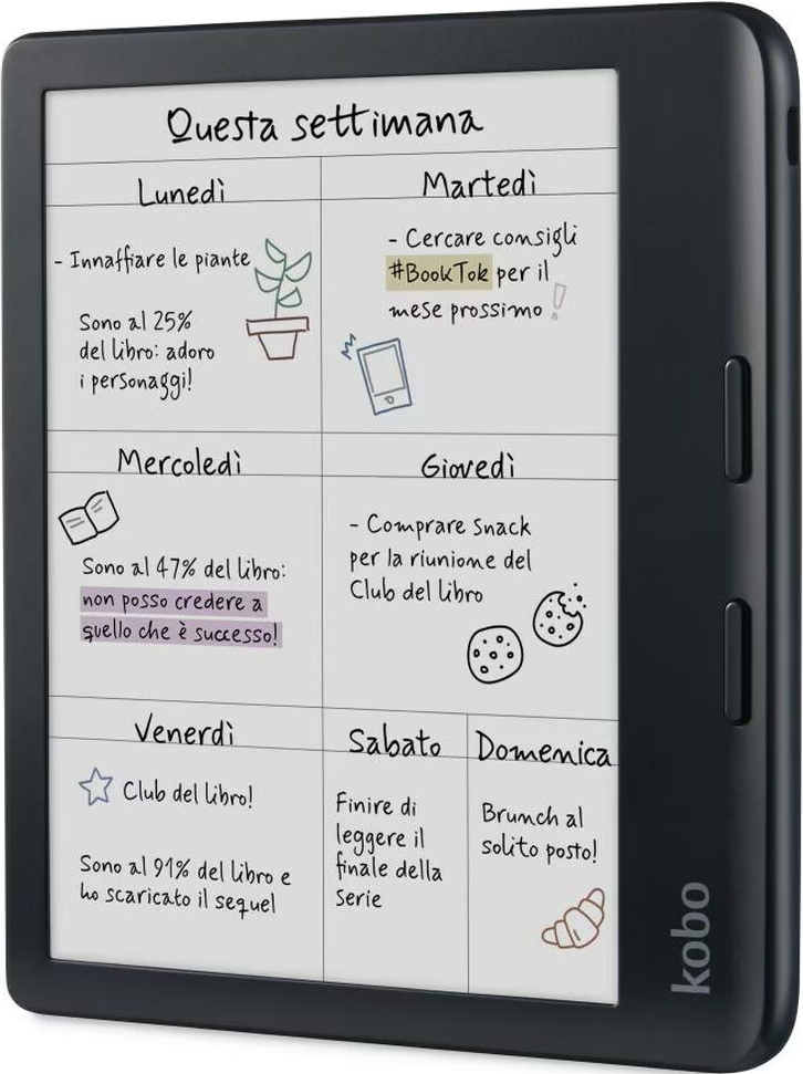Ein Kobo eReader zeigt einen handgeschriebenen Wochenplan mit Notizen und kleinen Symbolen.