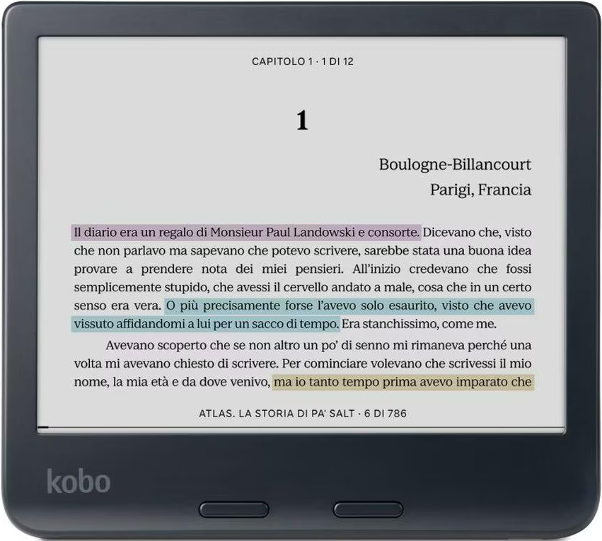 Ein Kobo-E-Reader zeigt eine Seite mit italienischem Text und markierten Abschnitten.