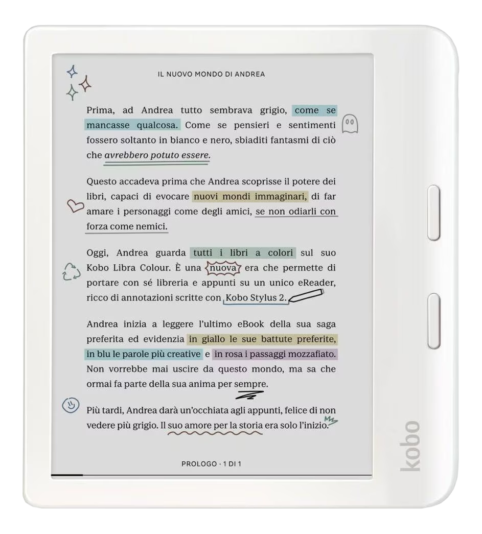 Ein weißer Kobo eReader mit farbig markiertem Text und kleinen Icons.