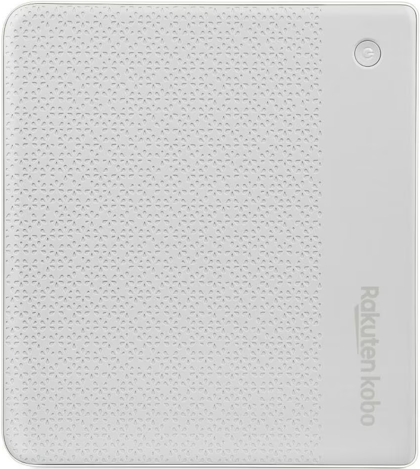 Ein weißer eReader mit geprägtem Blumenmuster, einem kreisförmigen Einschalttaste und dem Rakuten-Kobo-Logo.