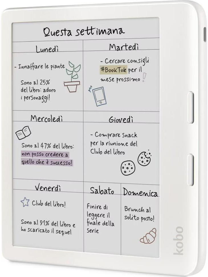 Wöchentlicher Kalender auf einem weißen Kobo-E-Reader mit handgeschriebenen Notizen und kleinen Zeichnungen auf Italienisch.